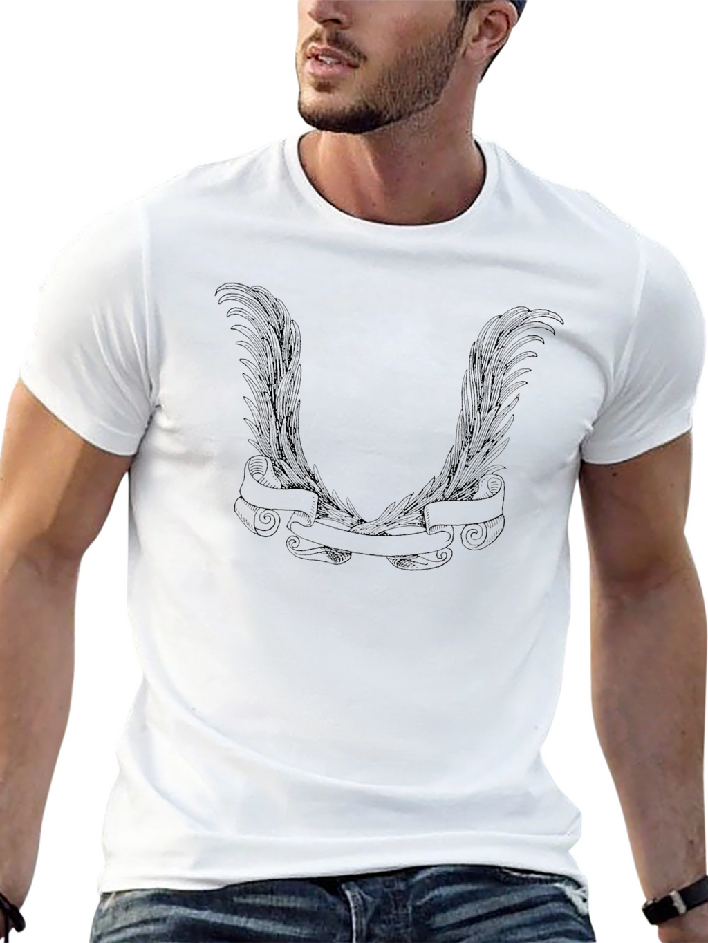 Mens Black Graphic Tee - Wings & Banner Design
