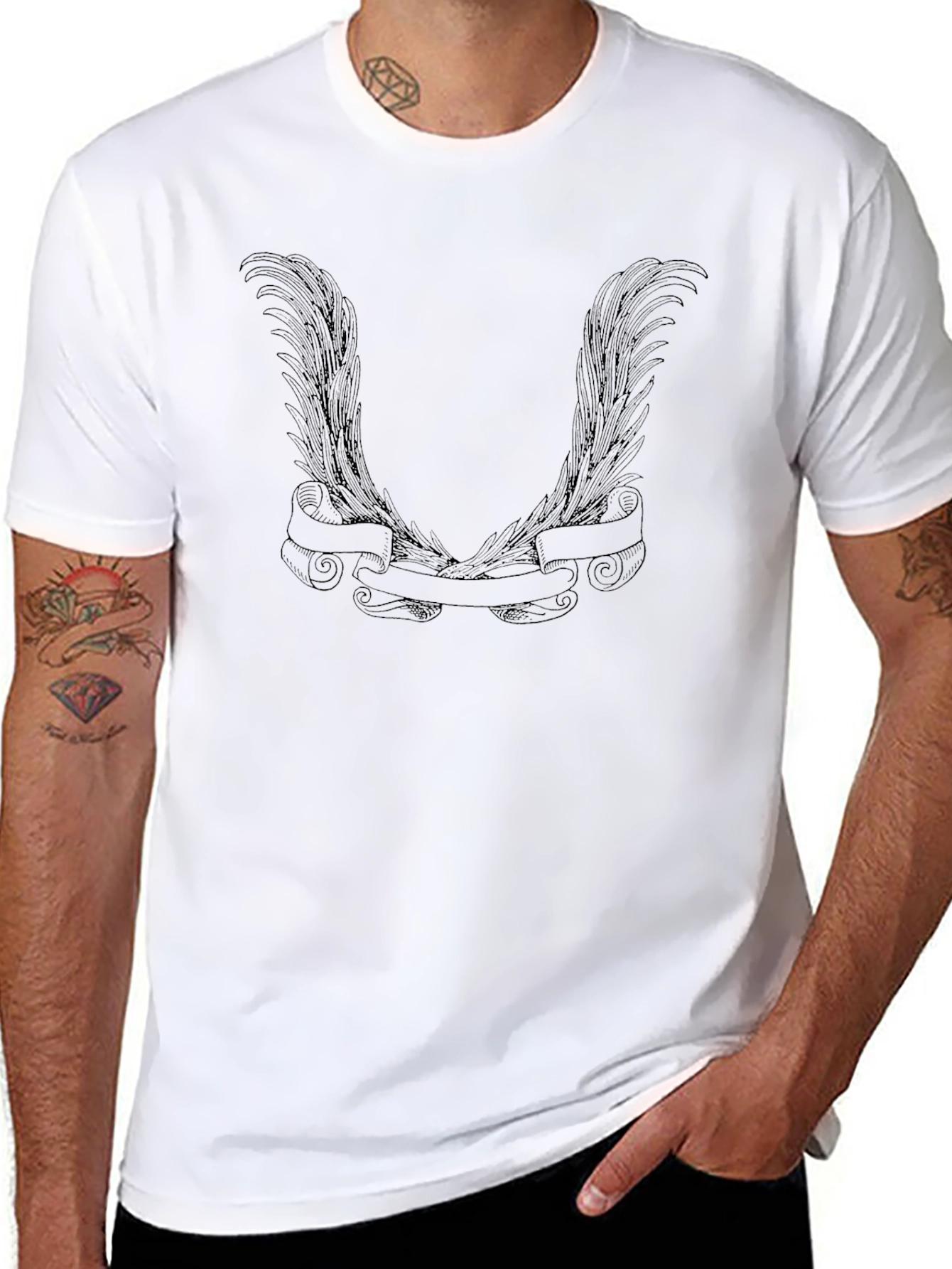 Mens Black Graphic Tee - Wings & Banner Design