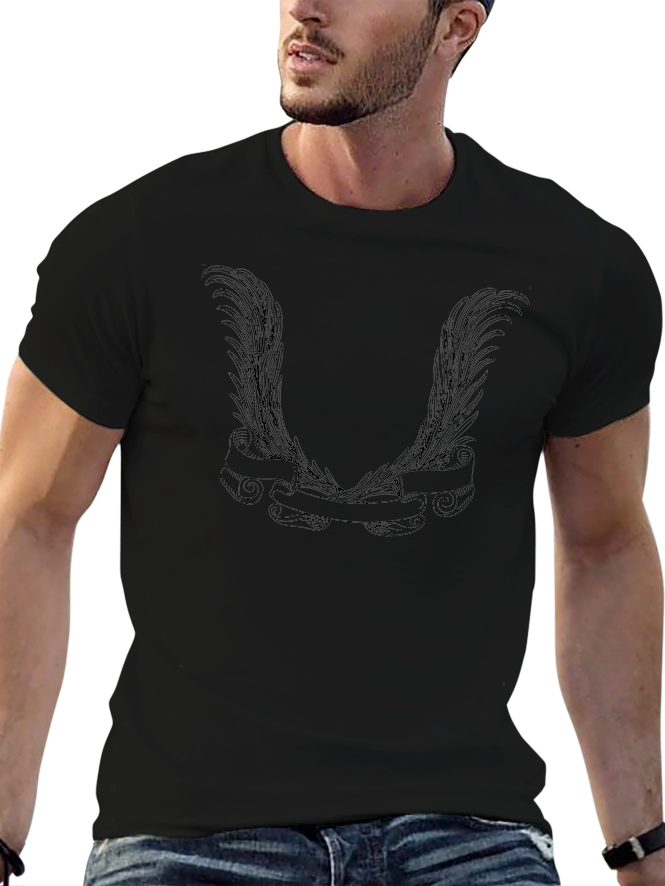 Mens Black Graphic Tee - Wings & Banner Design