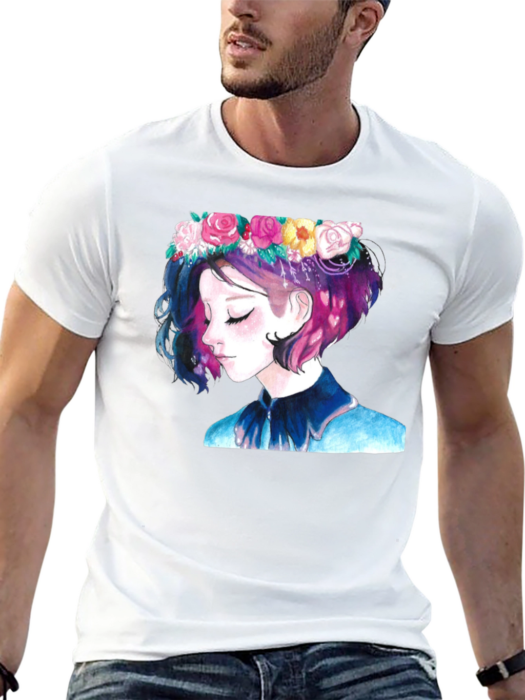Floral Crown Girl Black T-Shirt