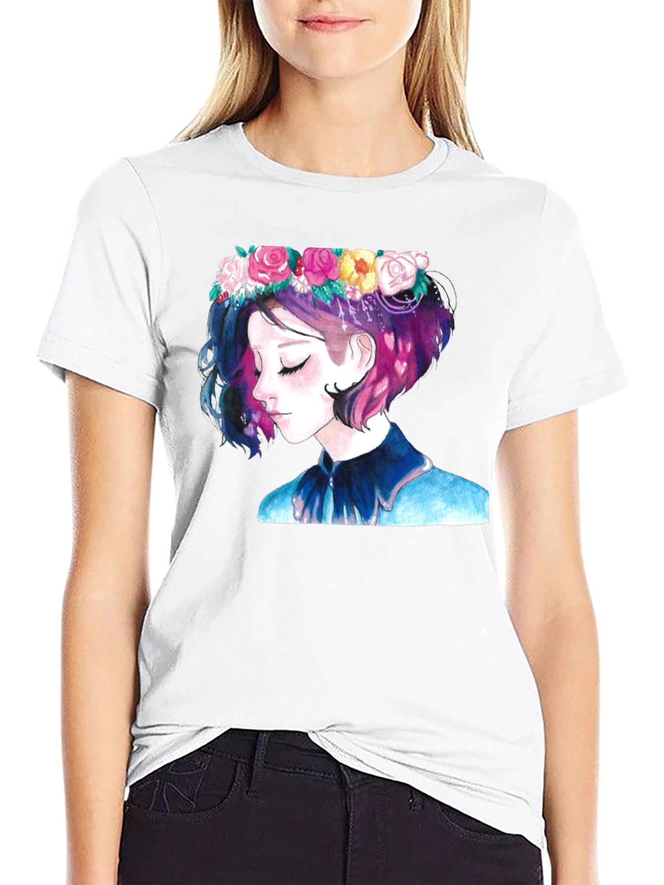 Floral Crown Girl Black T-Shirt