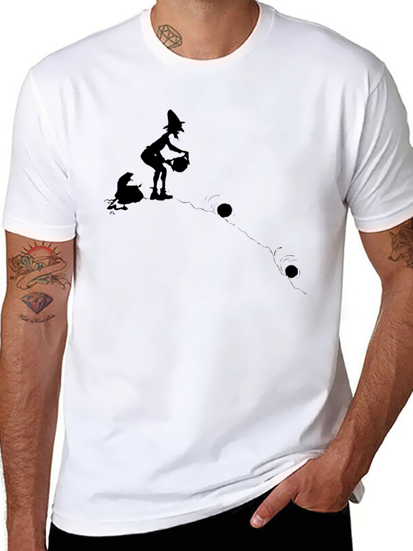 Whimsical Witch Graphic T-Shirt - Black Cotton Tee