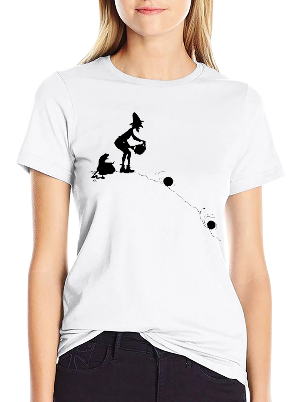 Whimsical Witch Graphic T-Shirt - Black Cotton Tee