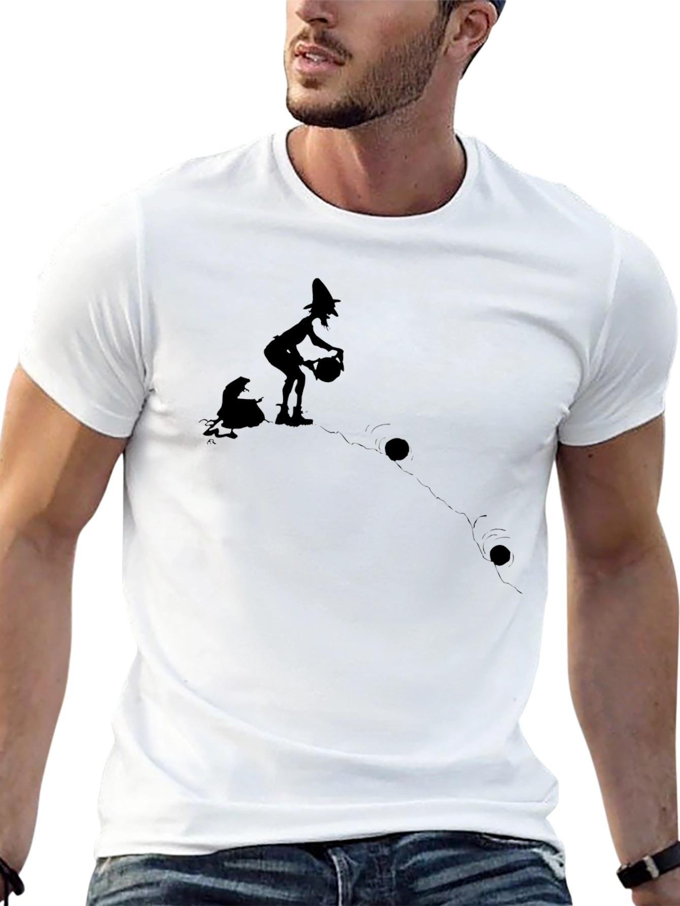 Whimsical Witch Graphic T-Shirt - Black Cotton Tee