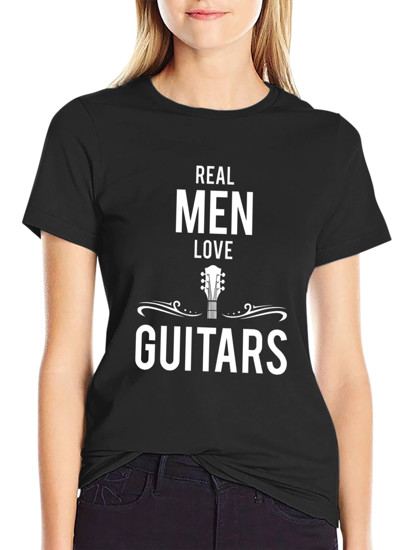 Real Men Love Guitars Black Graphic T-Shirt