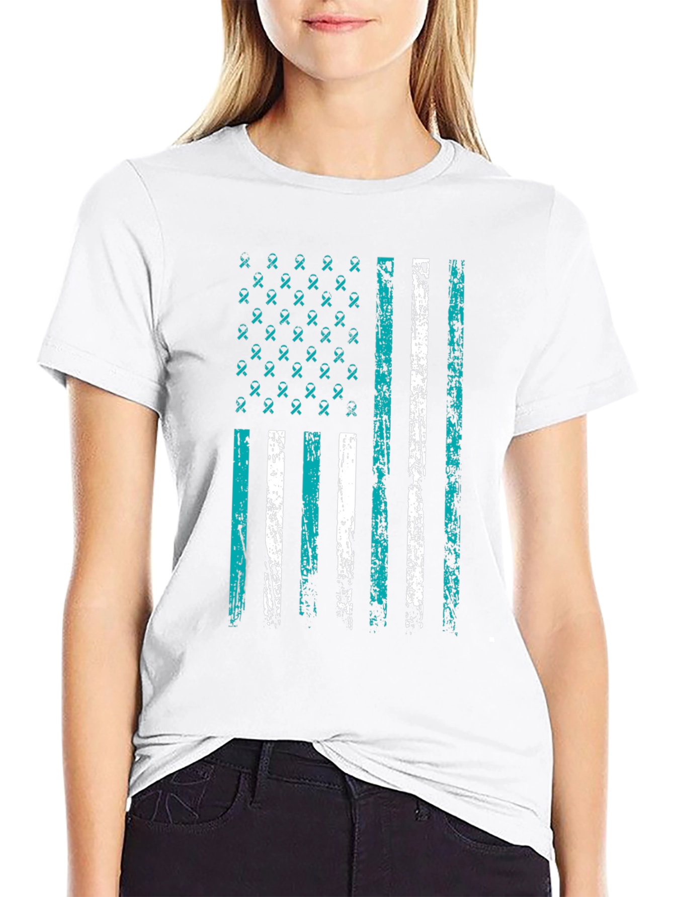 Teal Ribbon Flag Graphic T-Shirt