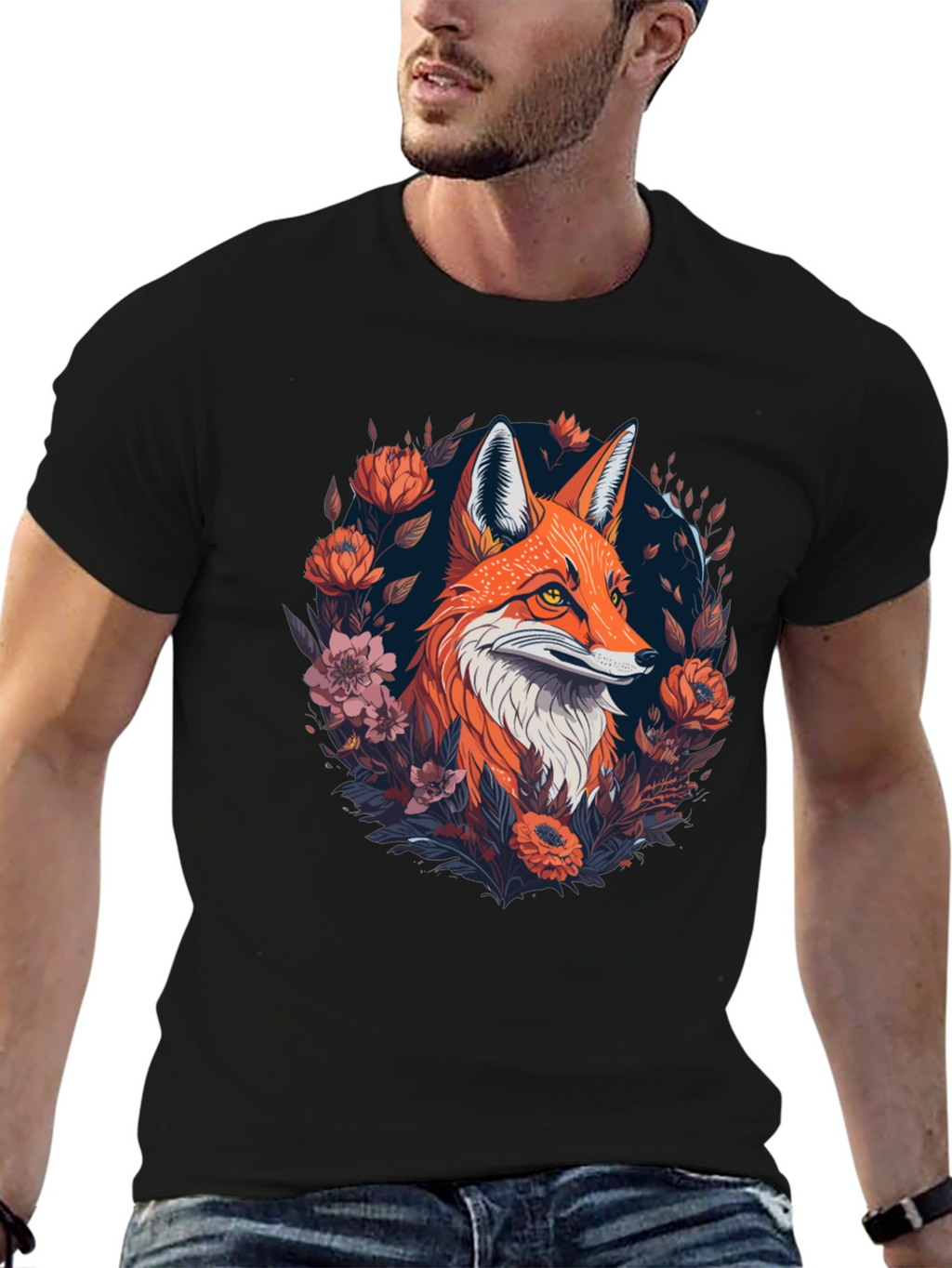 Fox Floral Graphic Black T-Shirt