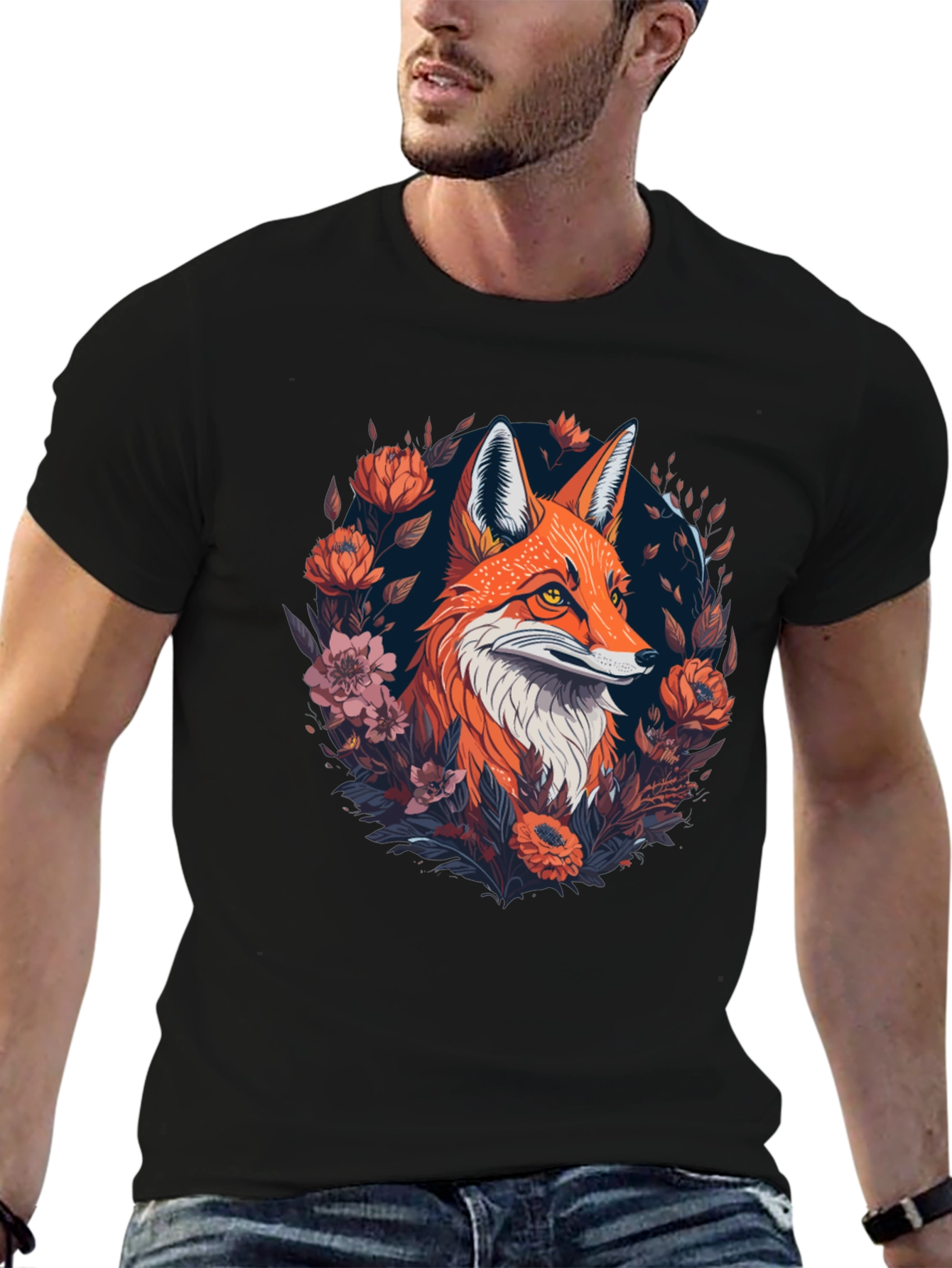 Fox Floral Graphic Black T-Shirt
