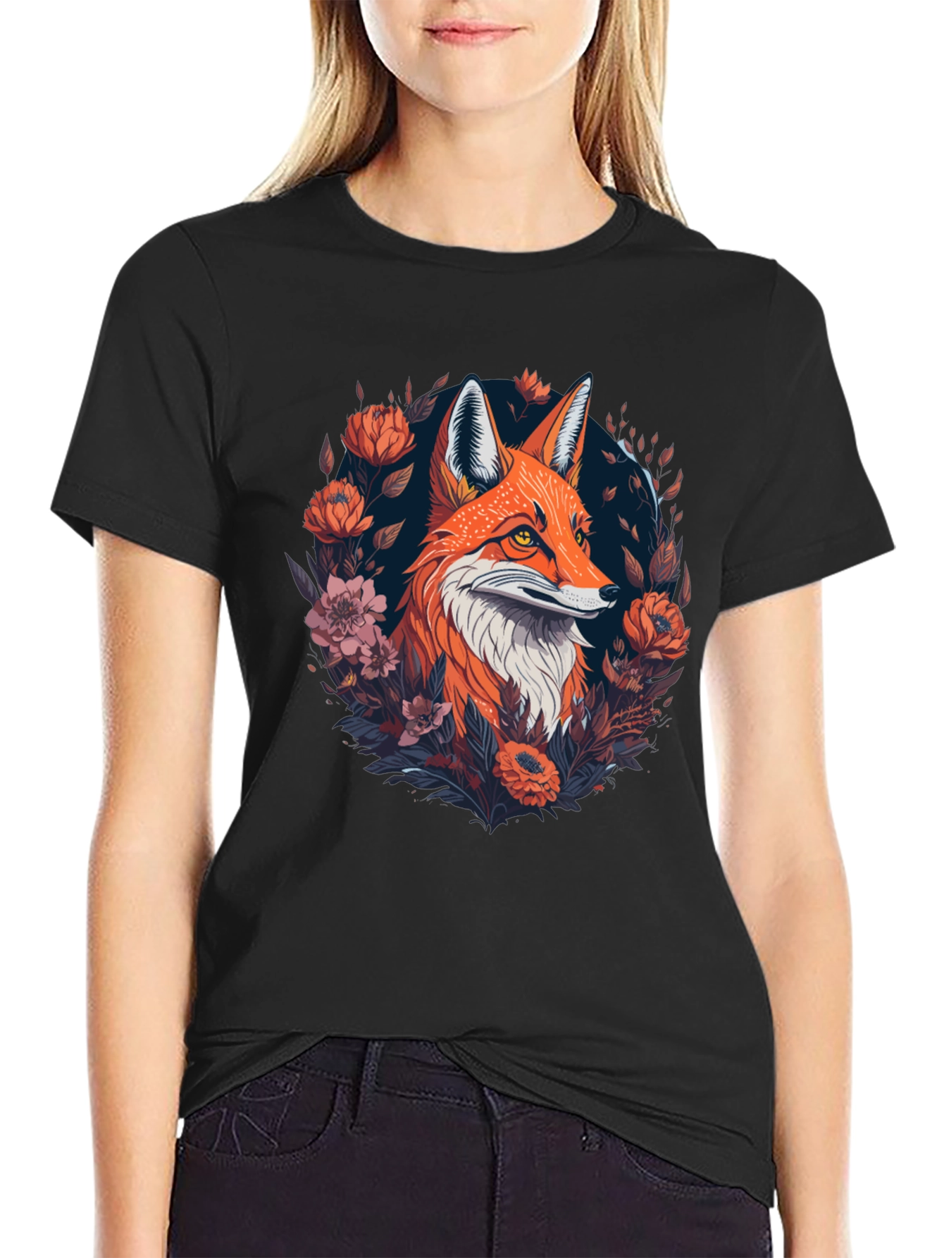 Fox Floral Graphic Black T-Shirt
