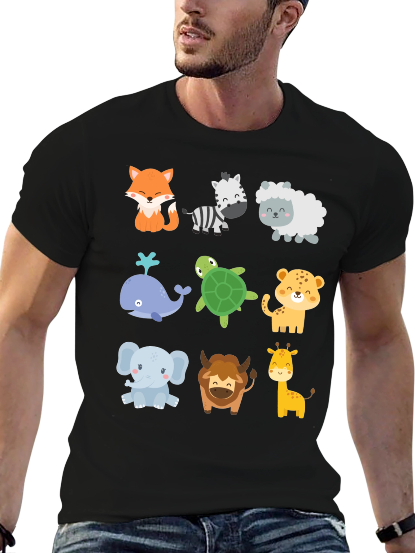 Cute Cartoon Animal Print Black T-Shirt