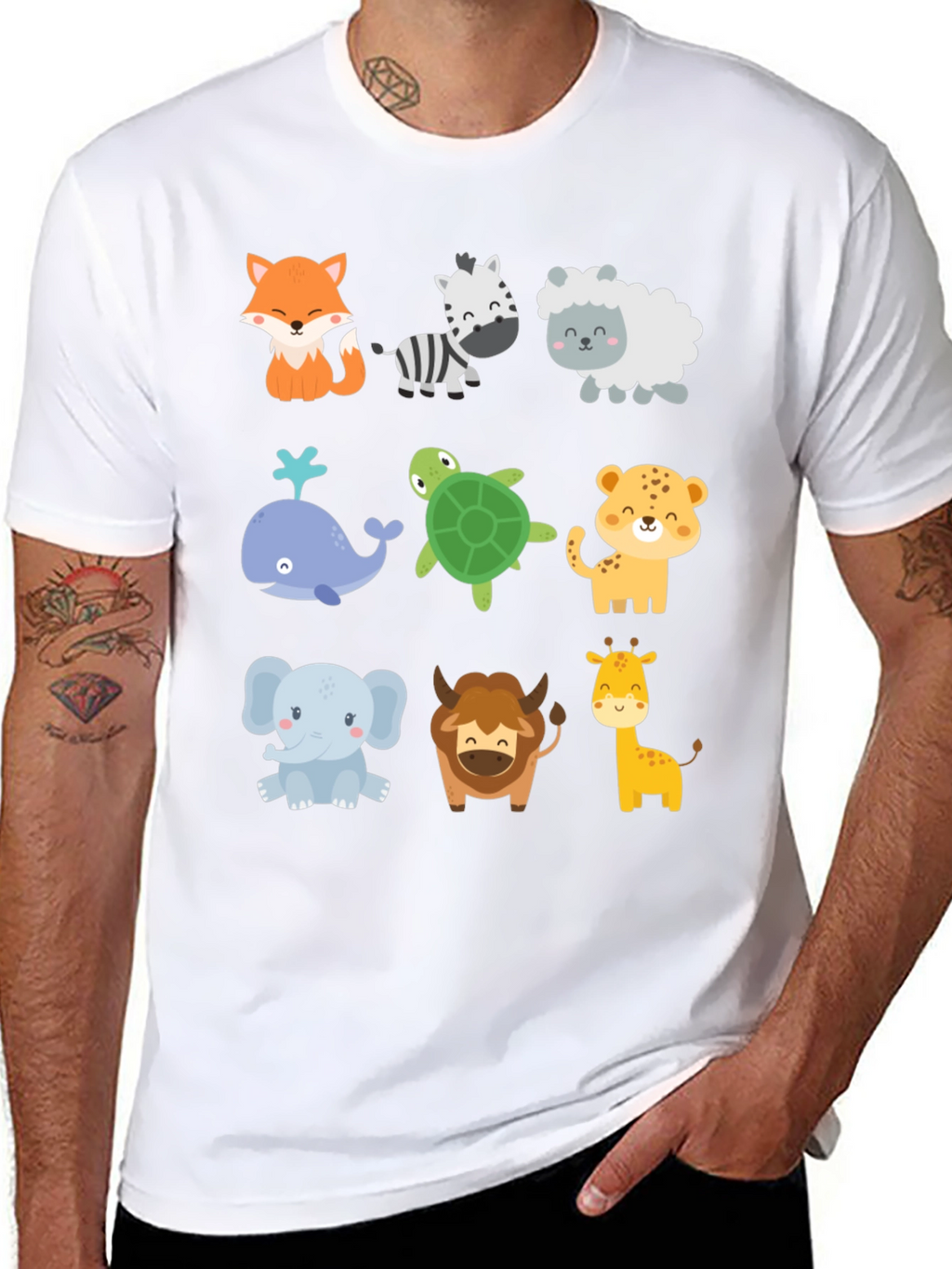 Cute Cartoon Animal Print Black T-Shirt
