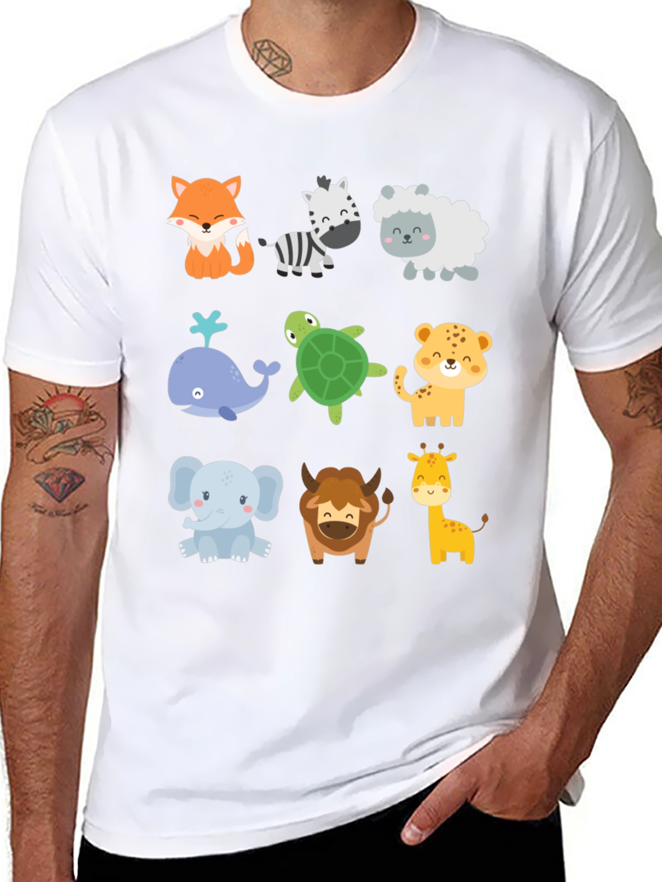 Cute Cartoon Animal Print Black T-Shirt