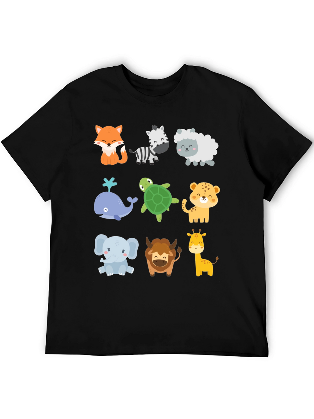 Cute Cartoon Animal Print Black T-Shirt
