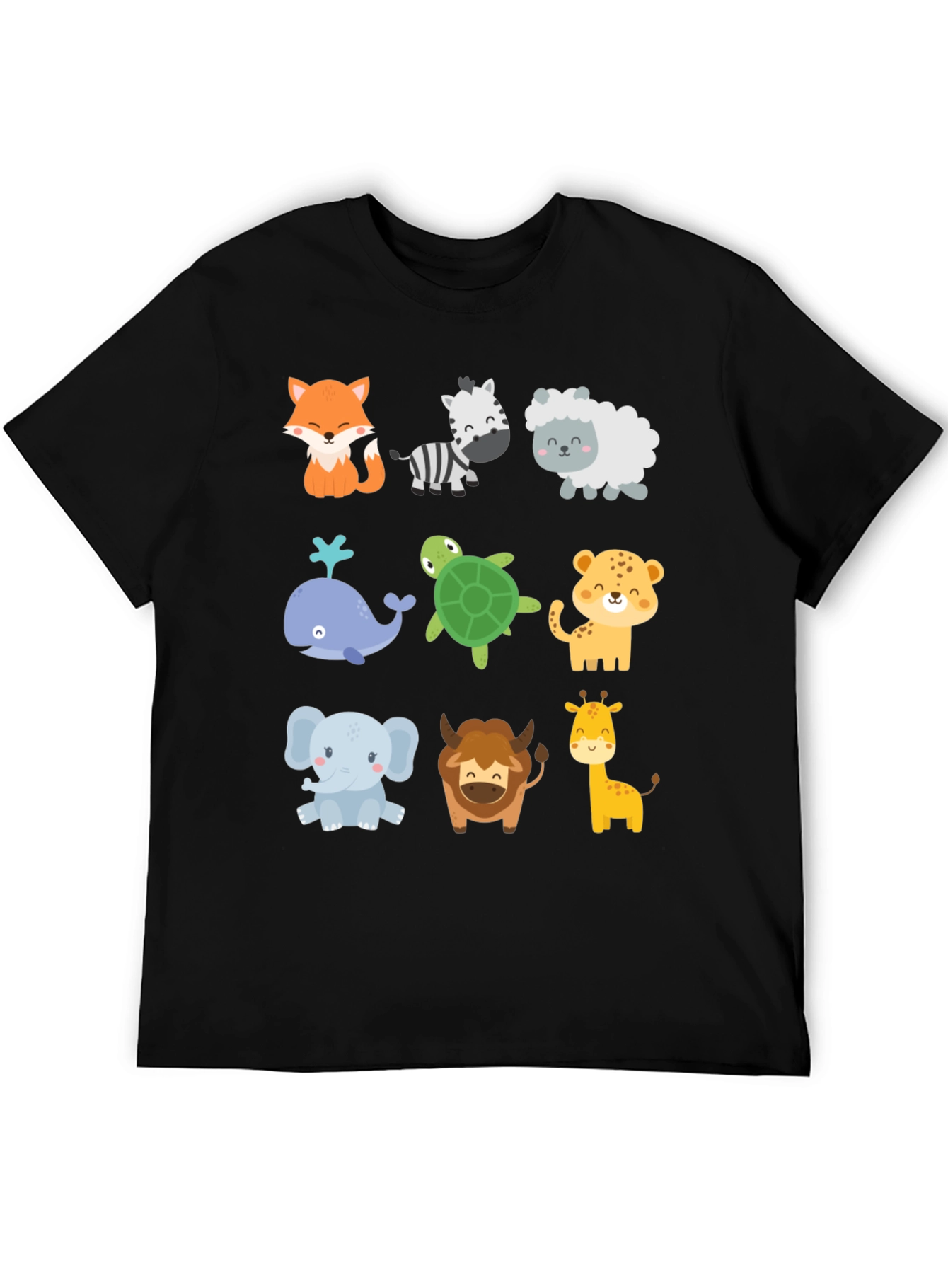 Cute Cartoon Animal Print Black T-Shirt
