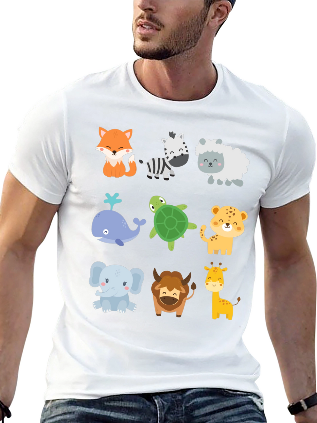 Cute Cartoon Animal Print Black T-Shirt