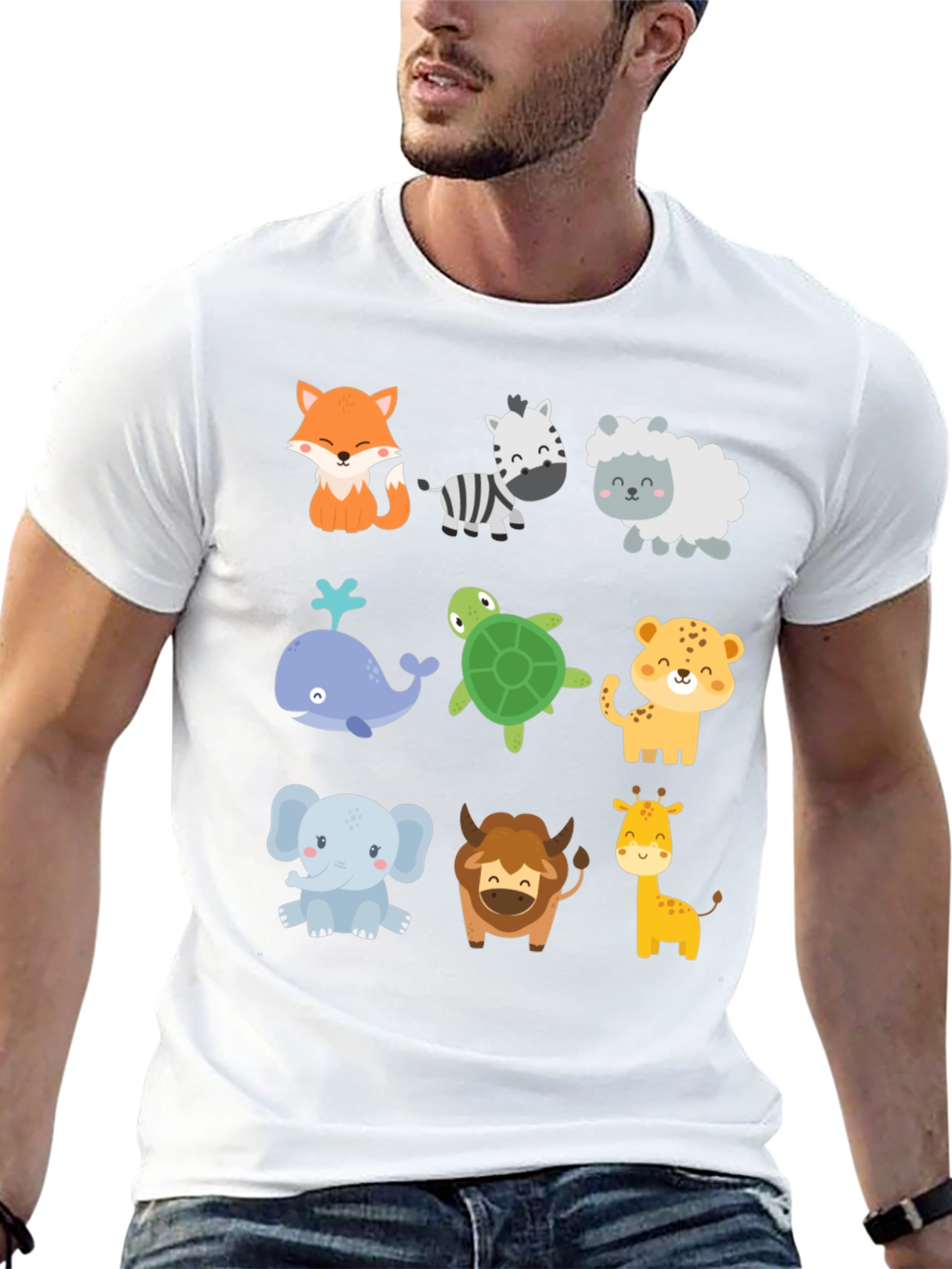 Cute Cartoon Animal Print Black T-Shirt