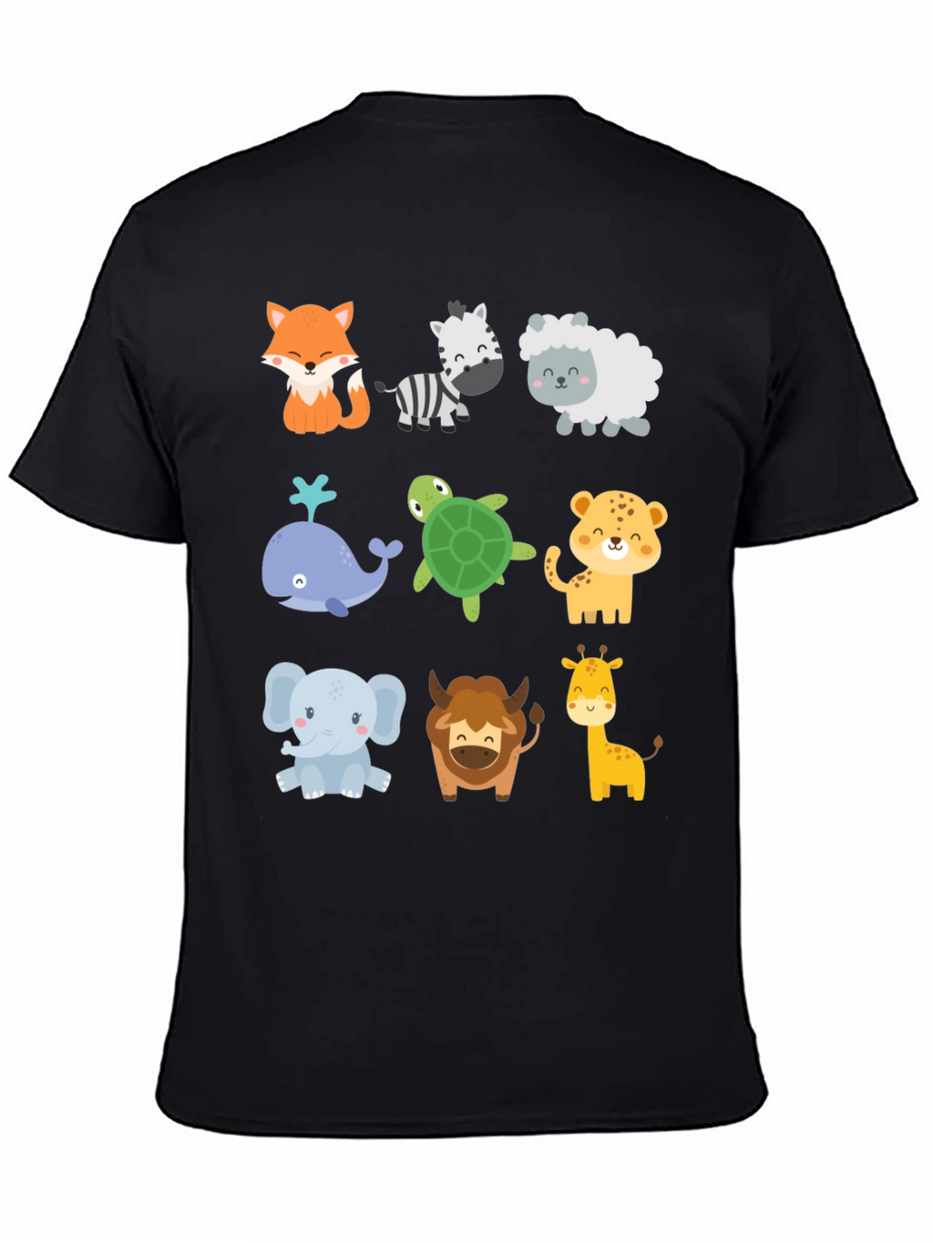 Cute Cartoon Animal Print Black T-Shirt