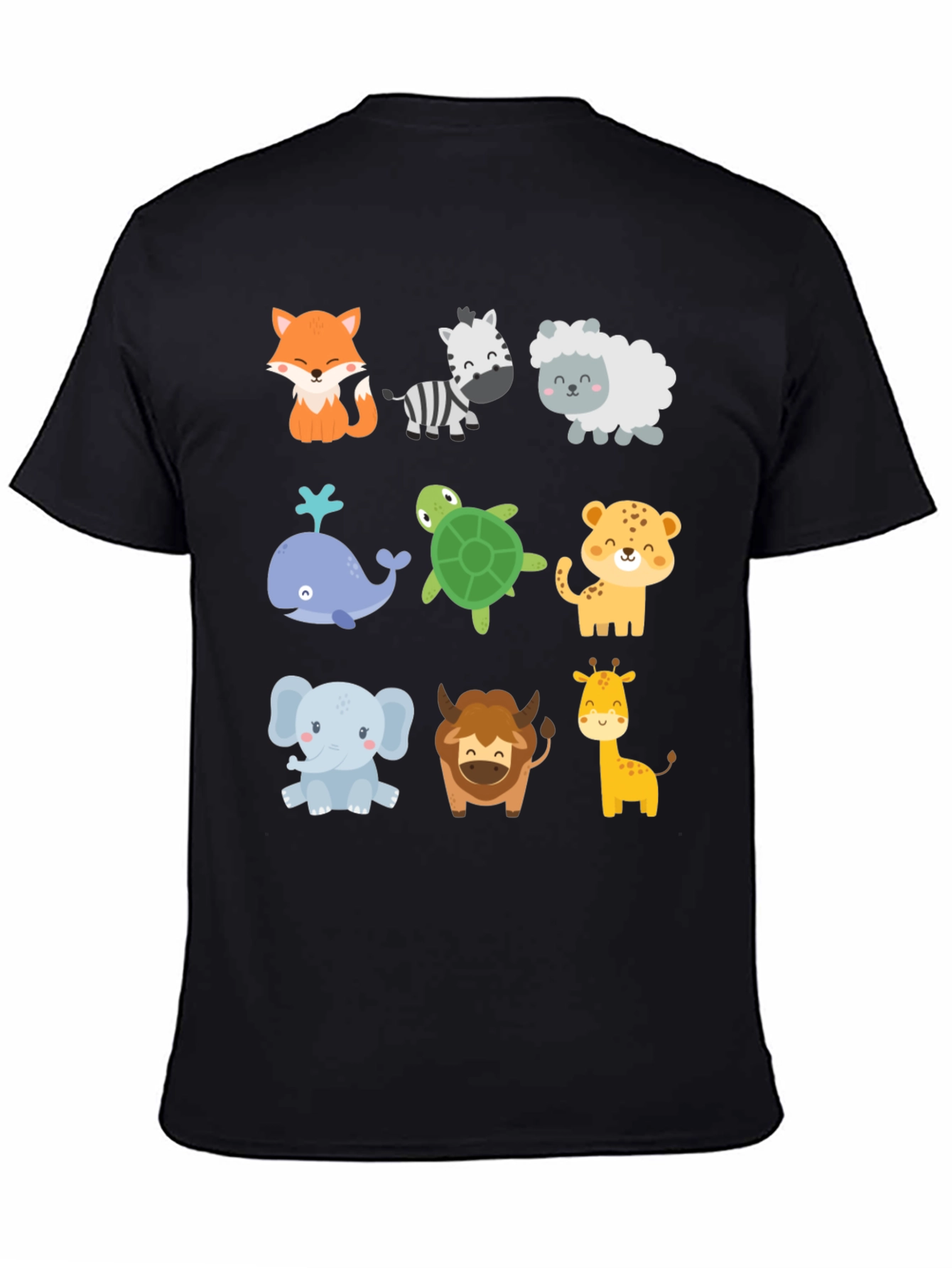 Cute Cartoon Animal Print Black T-Shirt