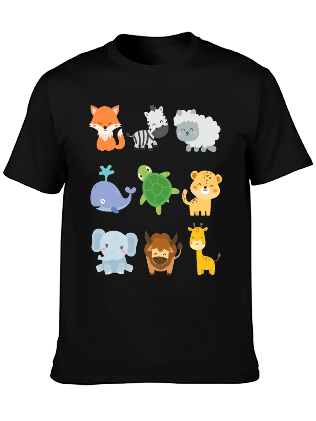 Cute Cartoon Animal Print Black T-Shirt