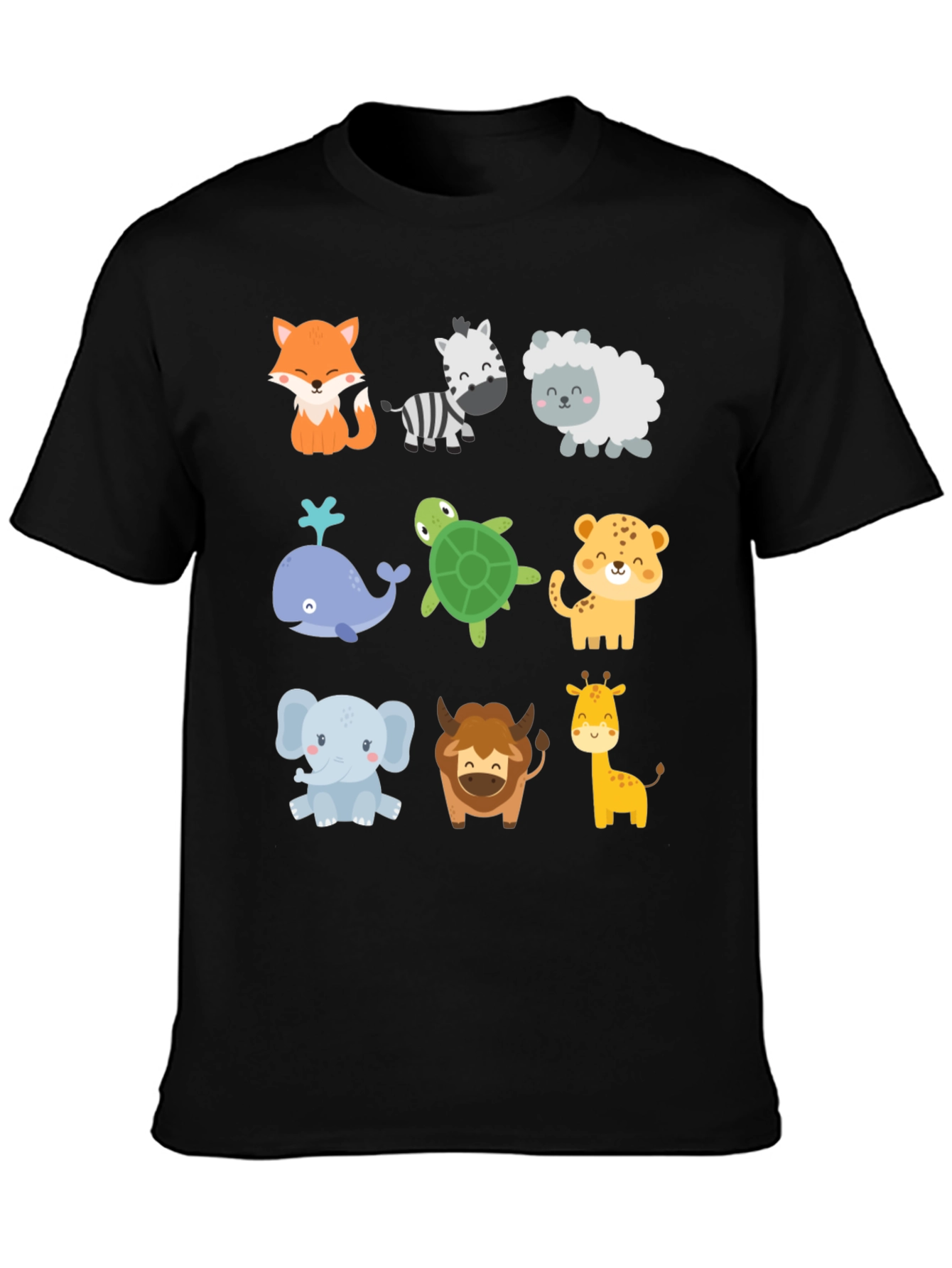 Cute Cartoon Animal Print Black T-Shirt