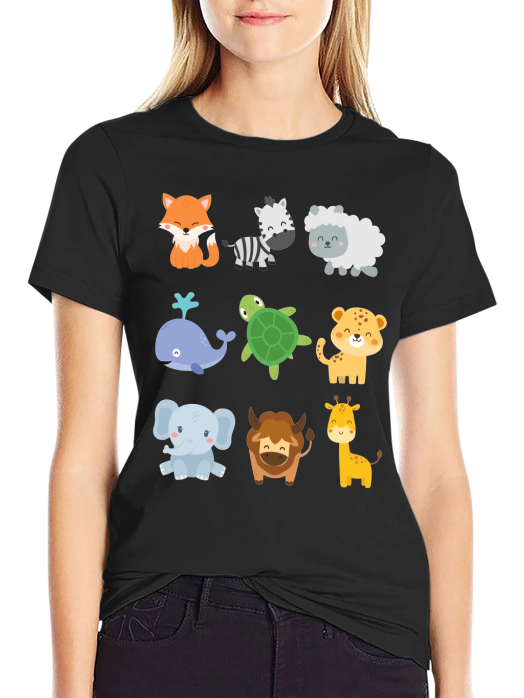 Cute Cartoon Animal Print Black T-Shirt