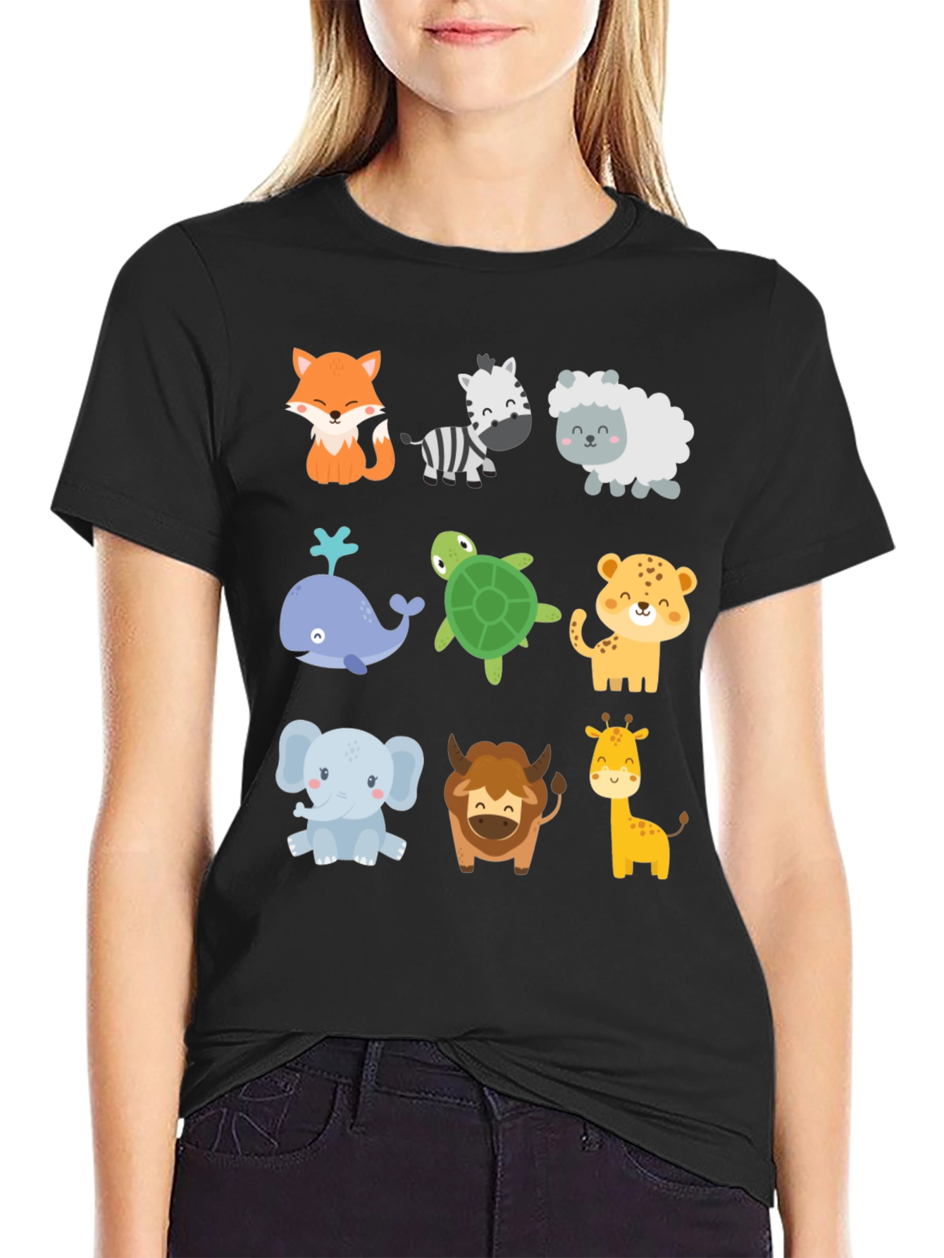 Cute Cartoon Animal Print Black T-Shirt