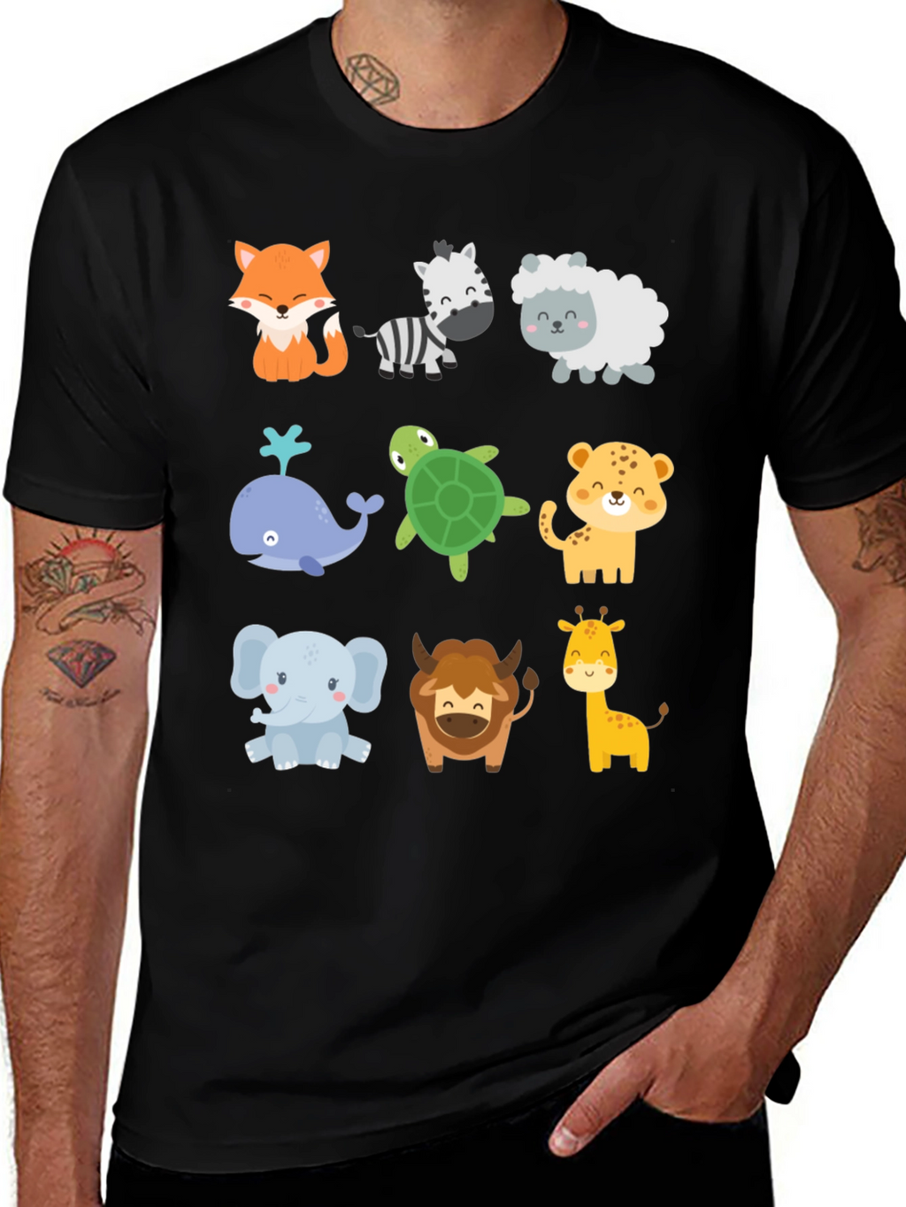 Cute Cartoon Animal Print Black T-Shirt