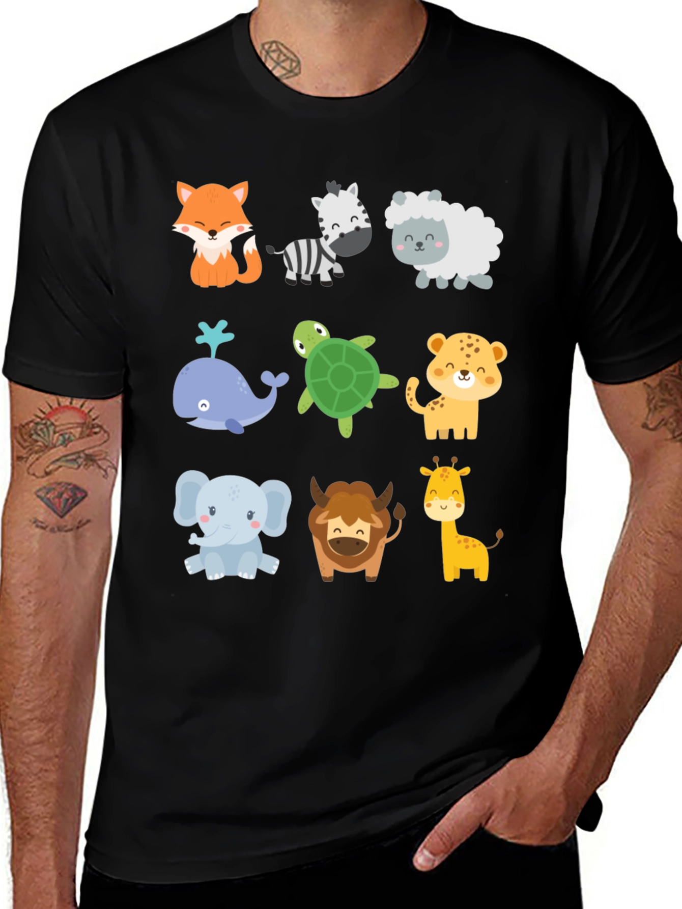 Cute Cartoon Animal Print Black T-Shirt