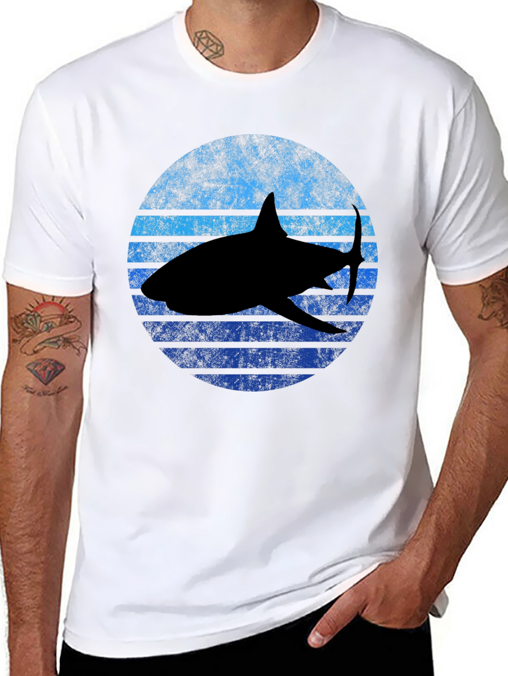 Retro Shark Graphic Tee - Black Cotton T-Shirt