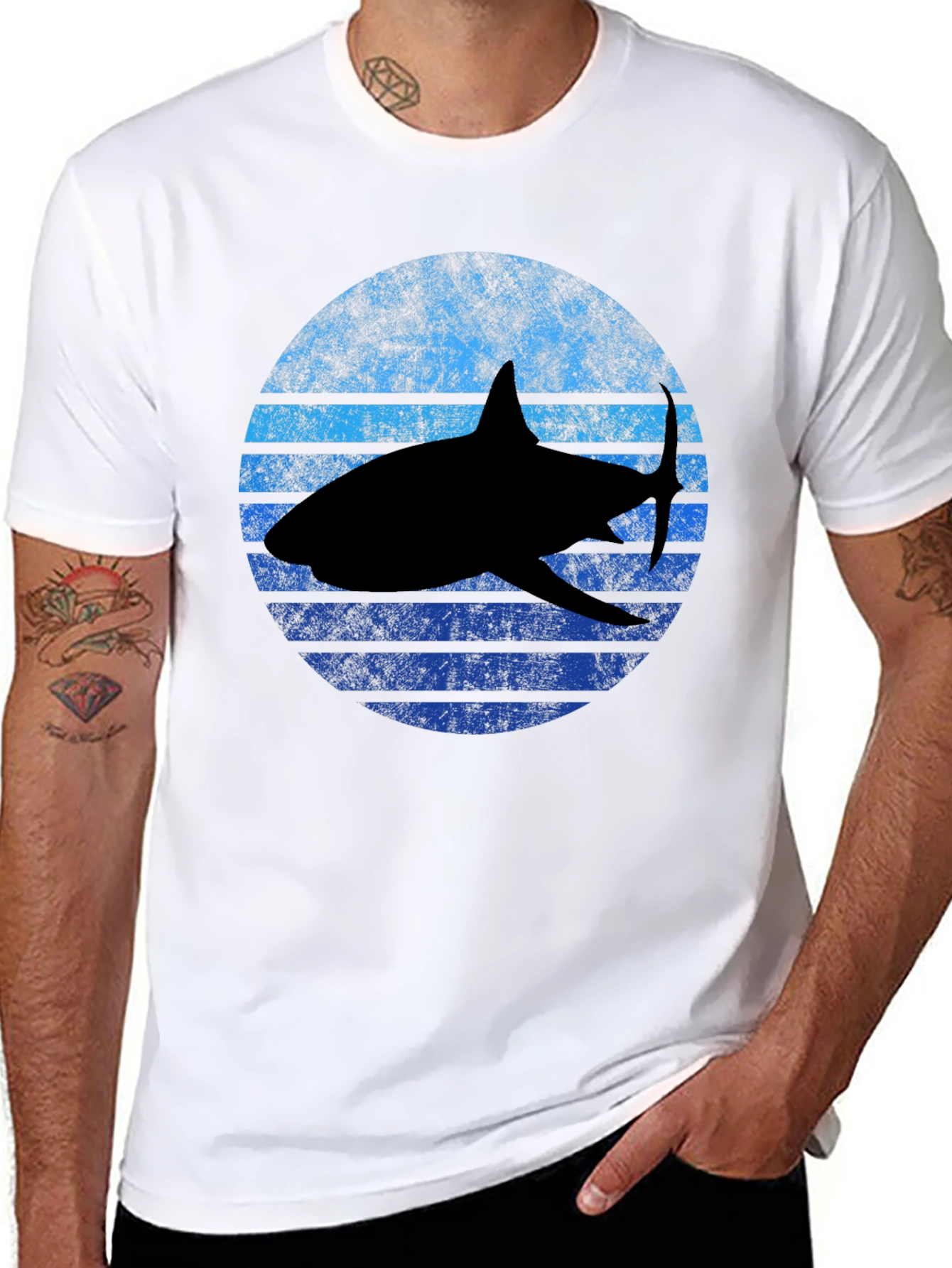Retro Shark Graphic Tee - Black Cotton T-Shirt