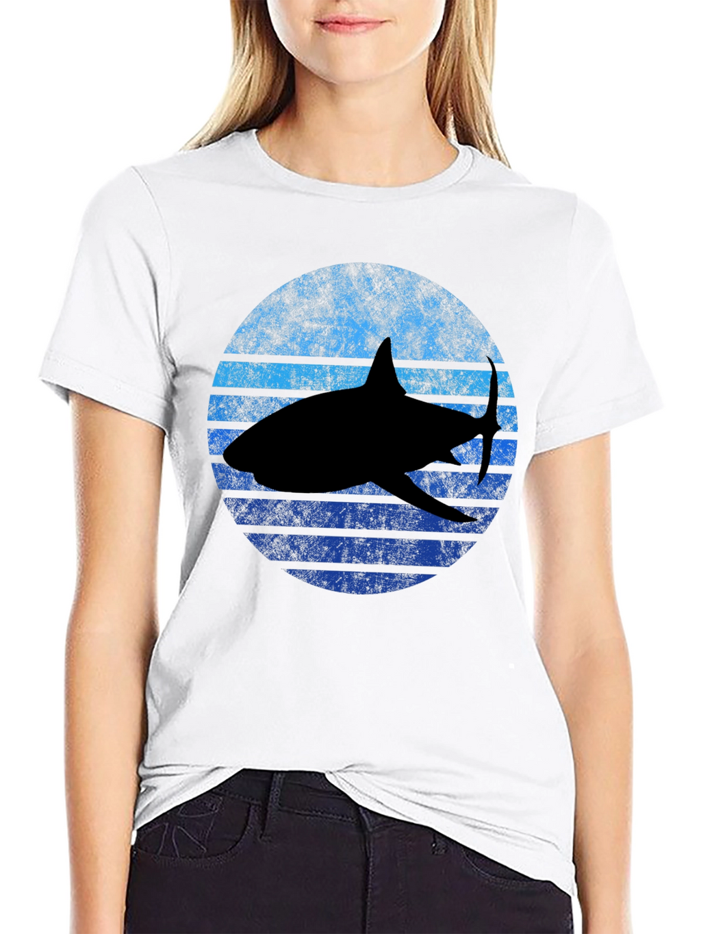 Retro Shark Graphic Tee - Black Cotton T-Shirt