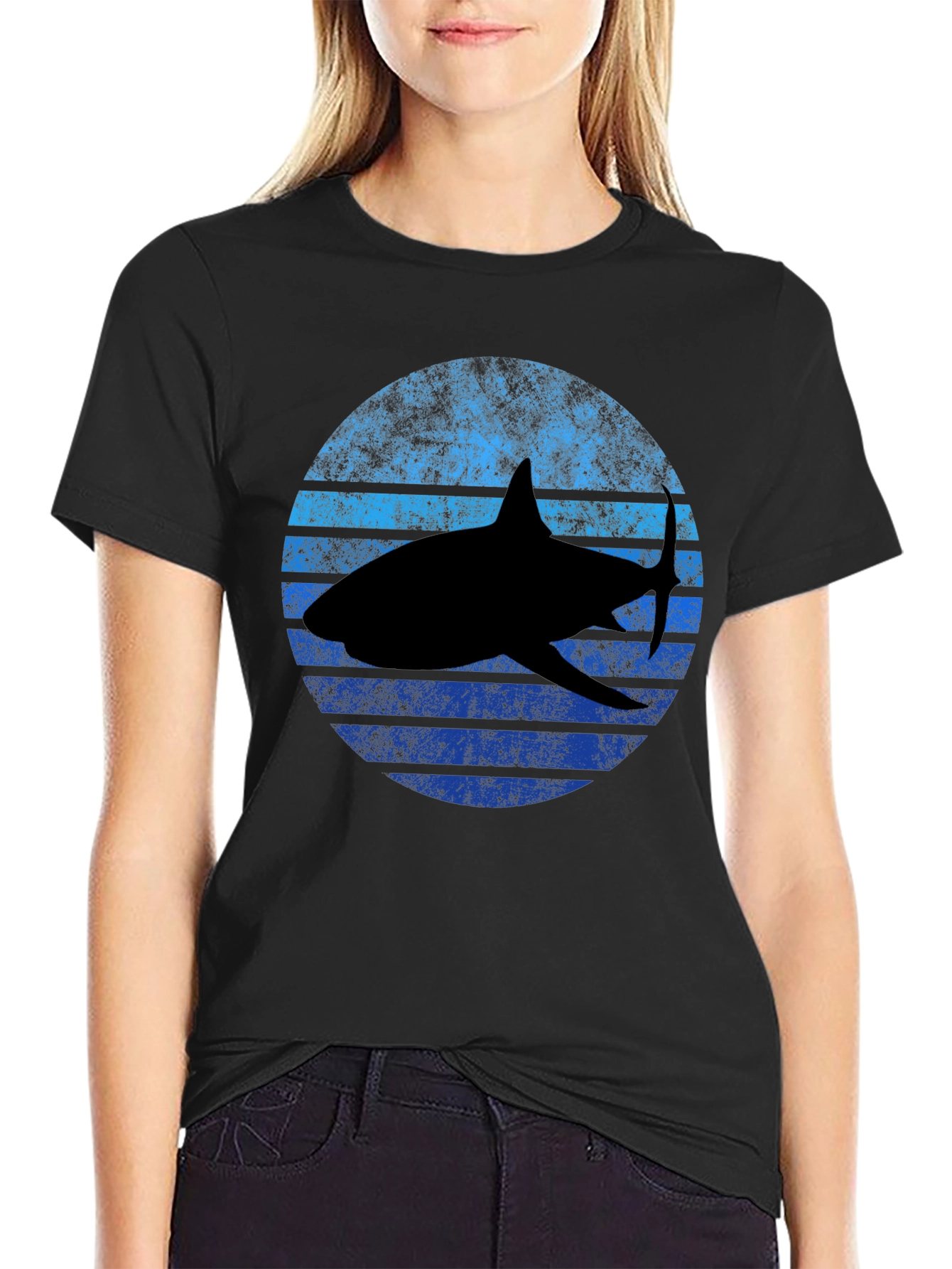Retro Shark Graphic Tee - Black Cotton T-Shirt