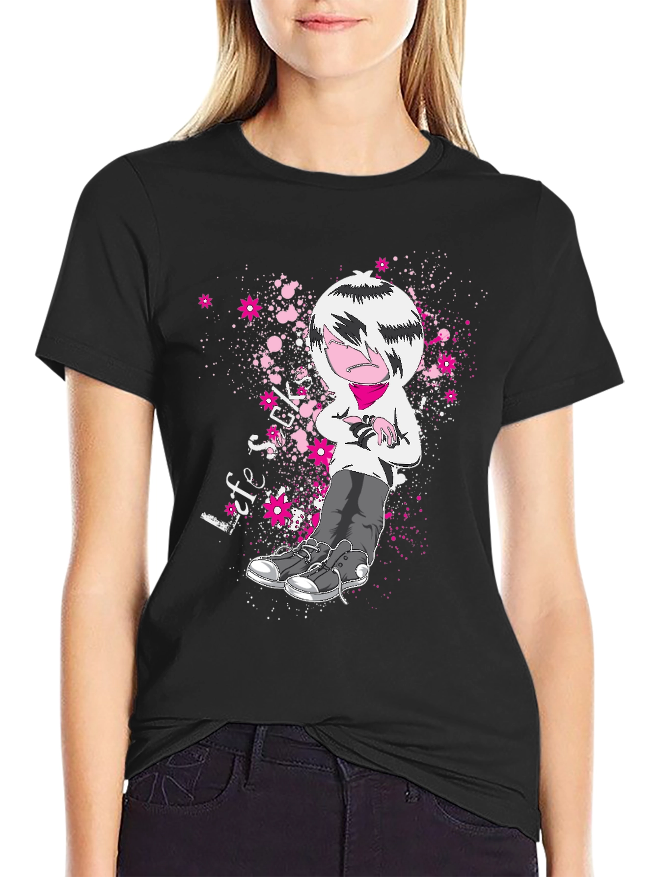 Emo Cartoon T-Shirt - Black