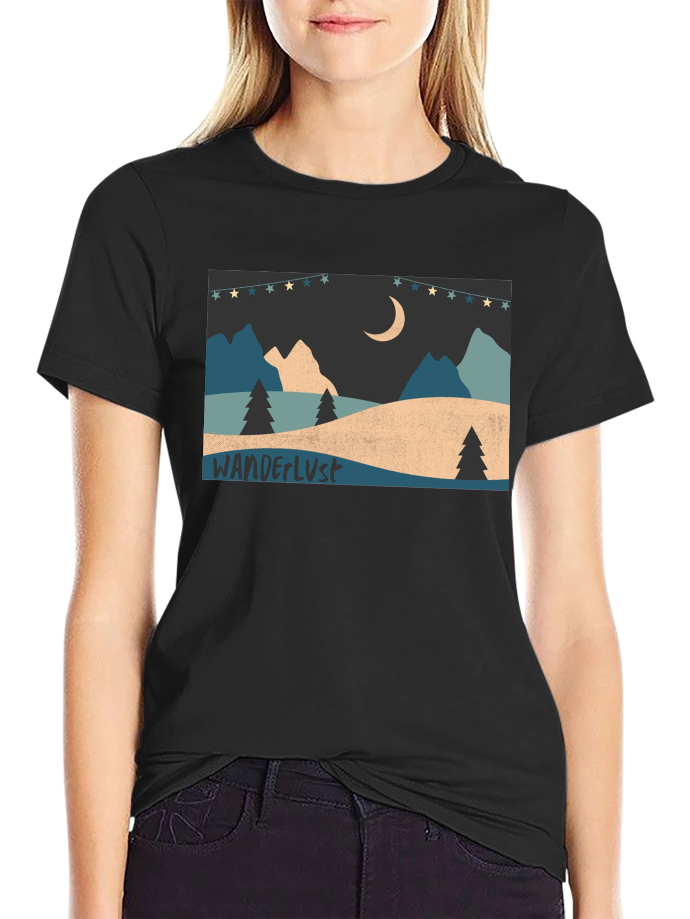 Wanderlust Mountain Scene Graphic Tee - Black