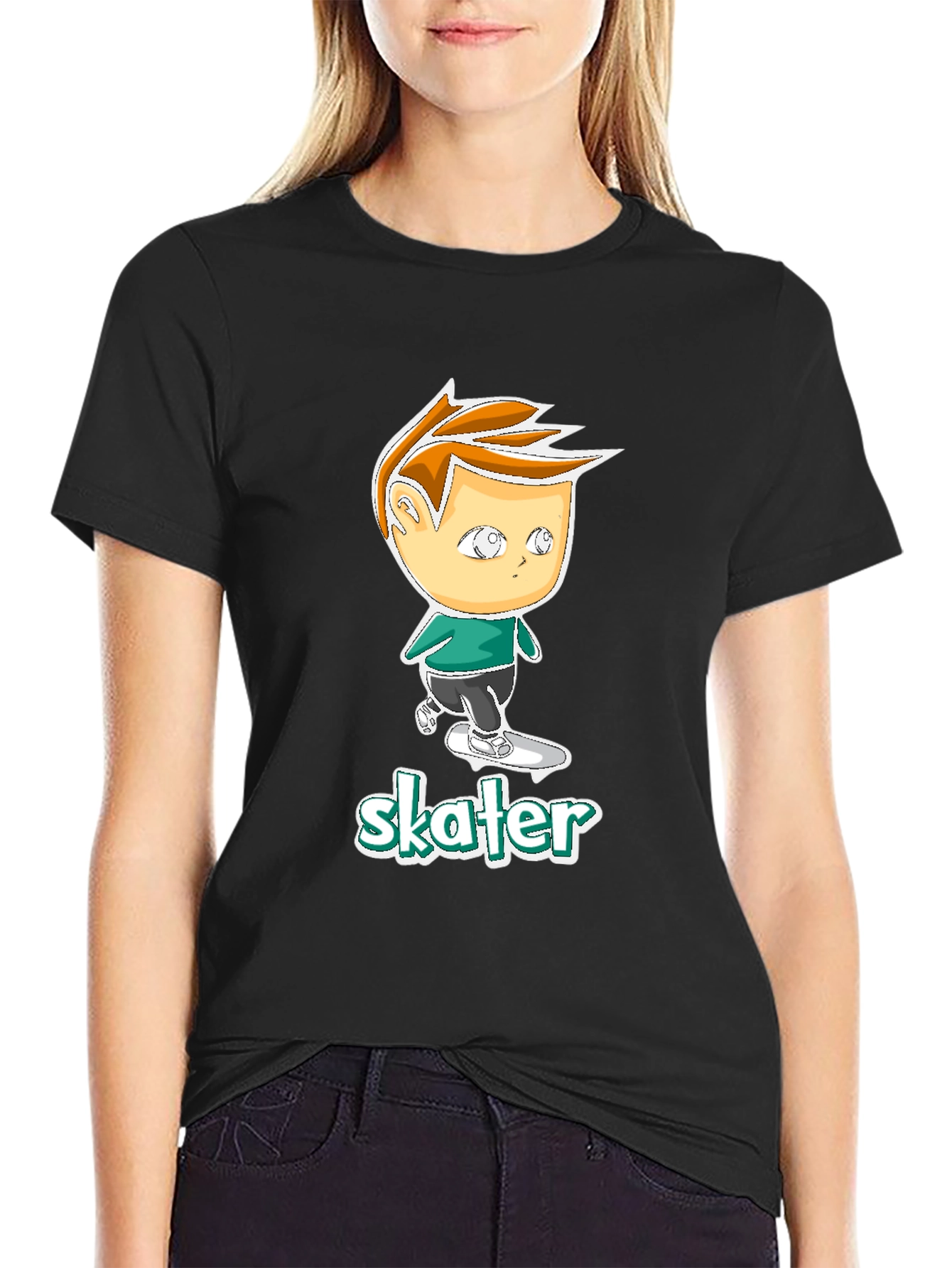 Cool Skater Boy Cartoon Black T-Shirt