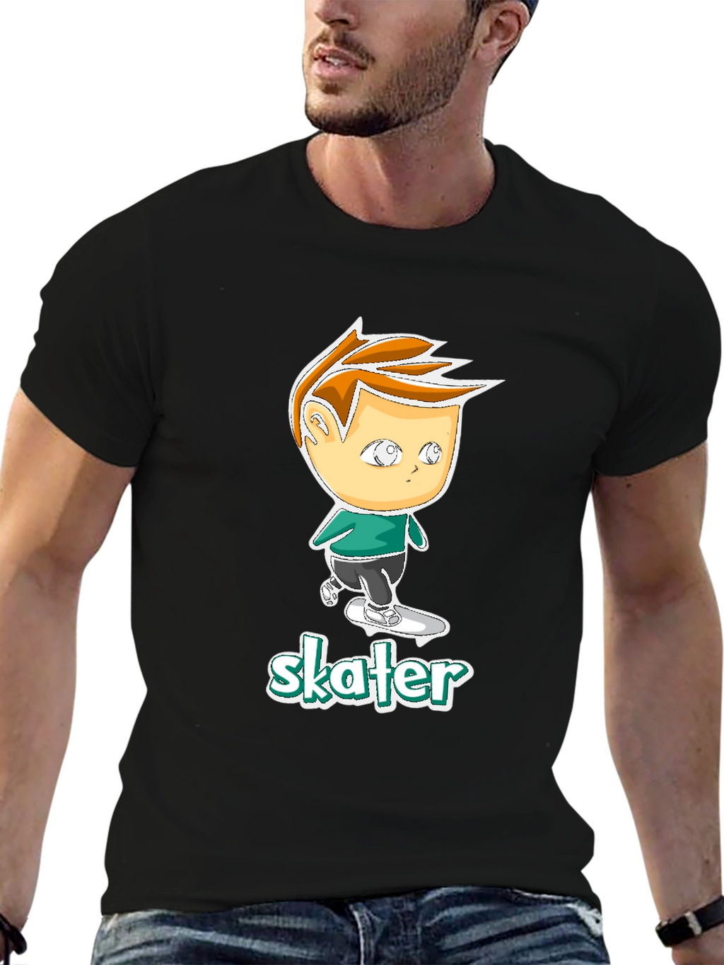 Cool Skater Boy Cartoon Black T-Shirt