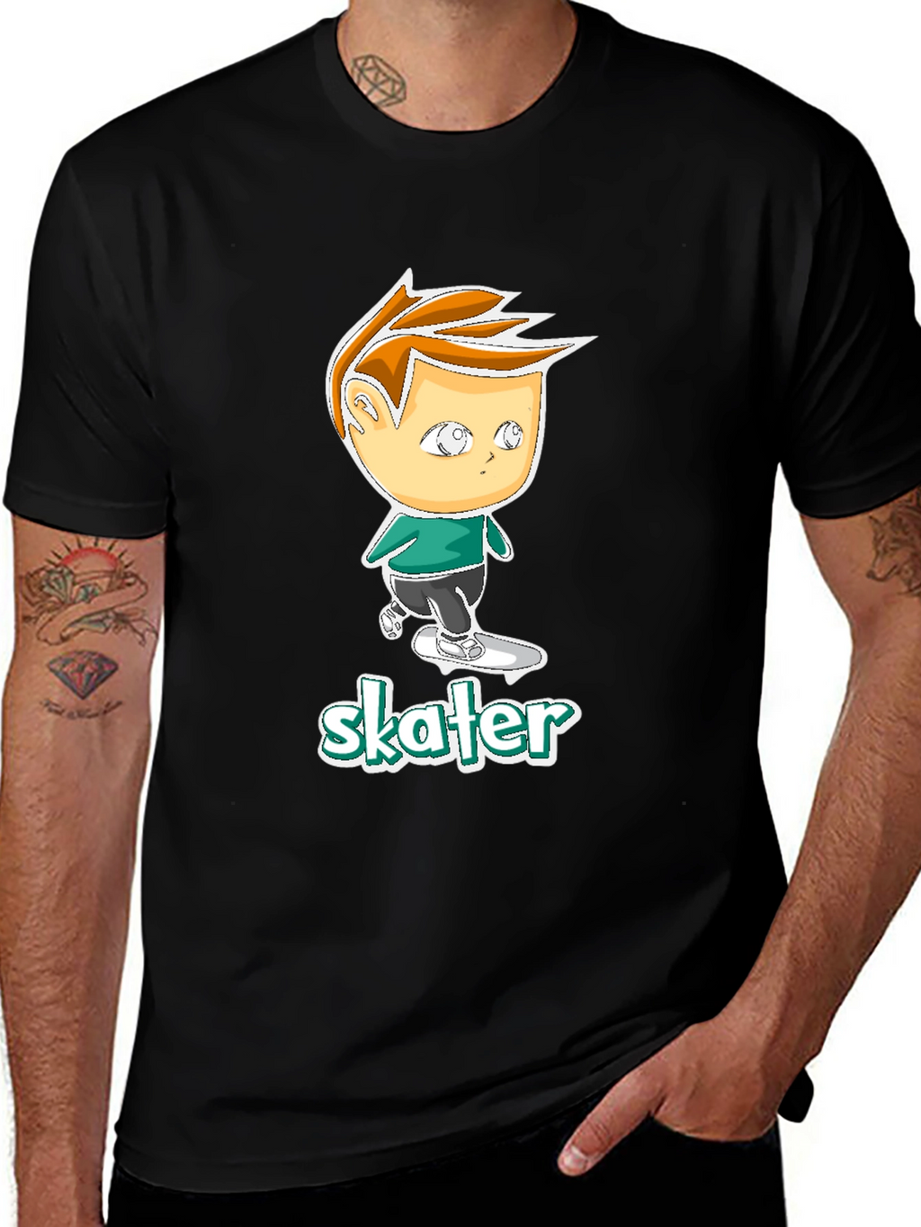 Cool Skater Boy Cartoon Black T-Shirt