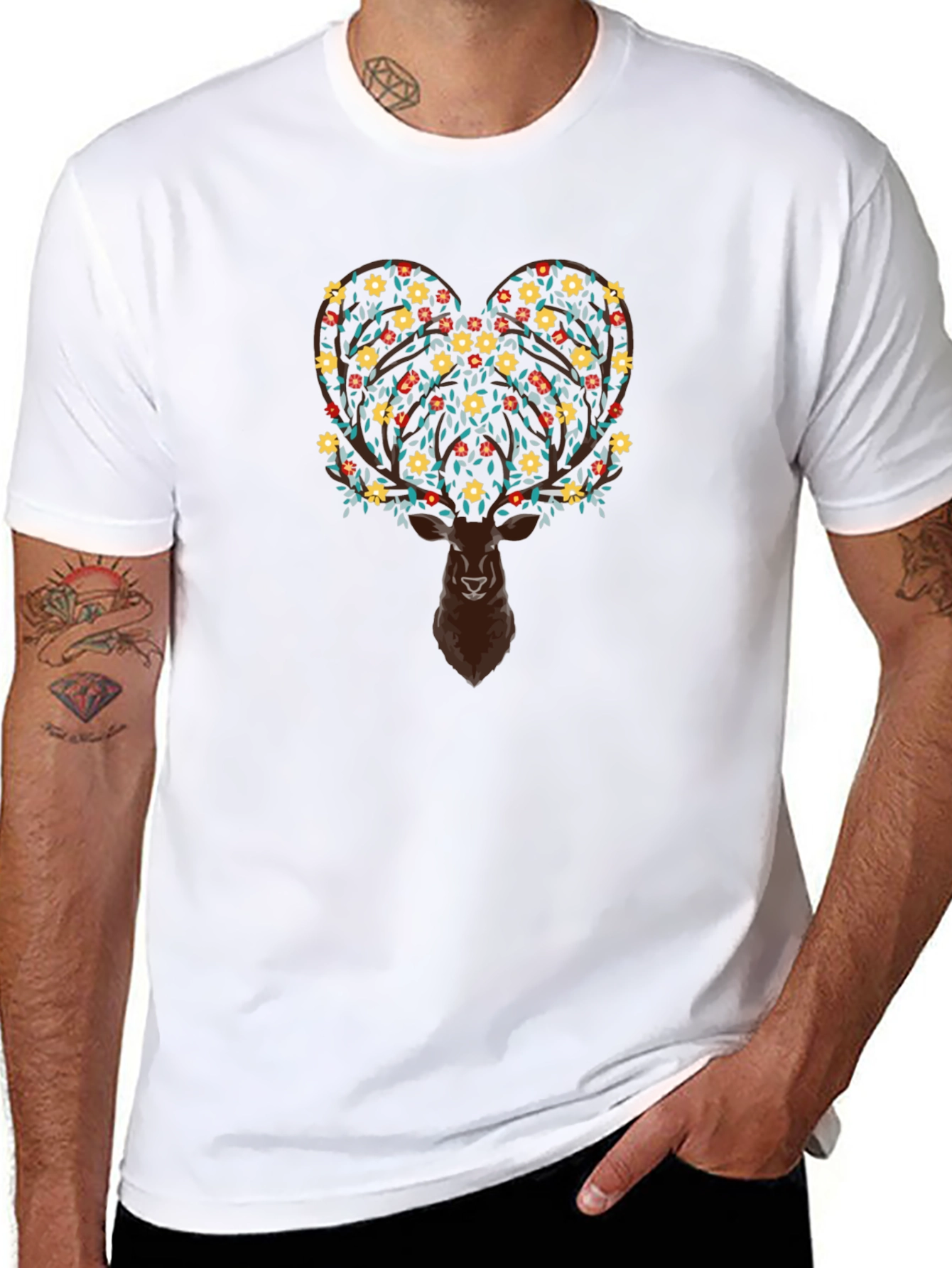 Floral Deer Graphic Tee - Black Cotton Blend