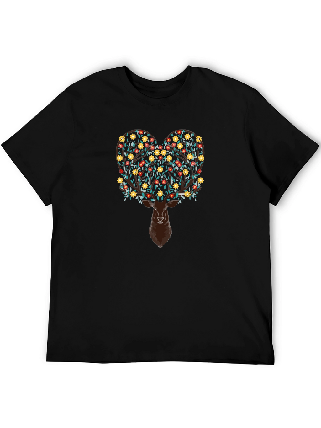 Floral Deer Graphic Tee - Black Cotton Blend