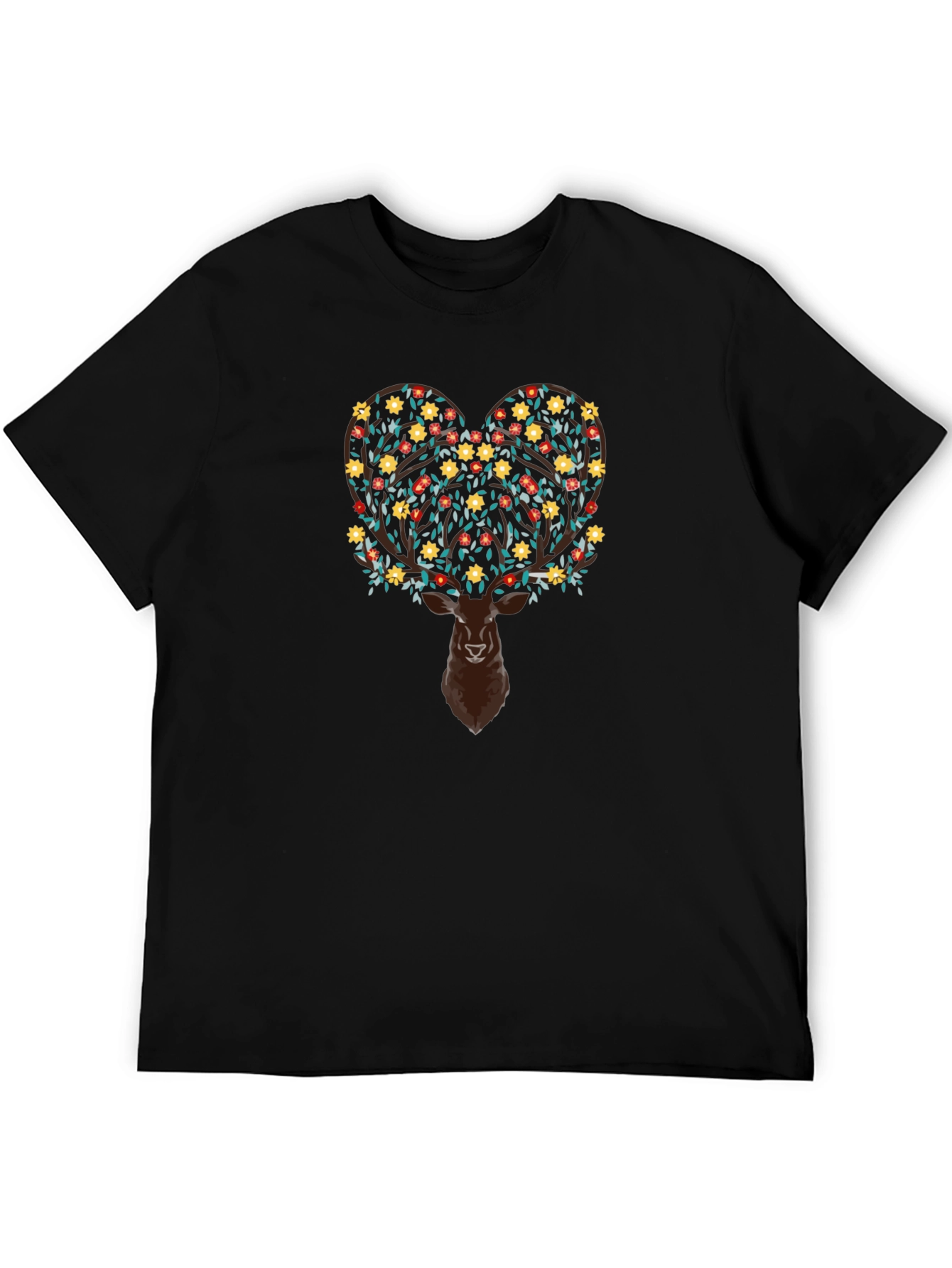 Floral Deer Graphic Tee - Black Cotton Blend