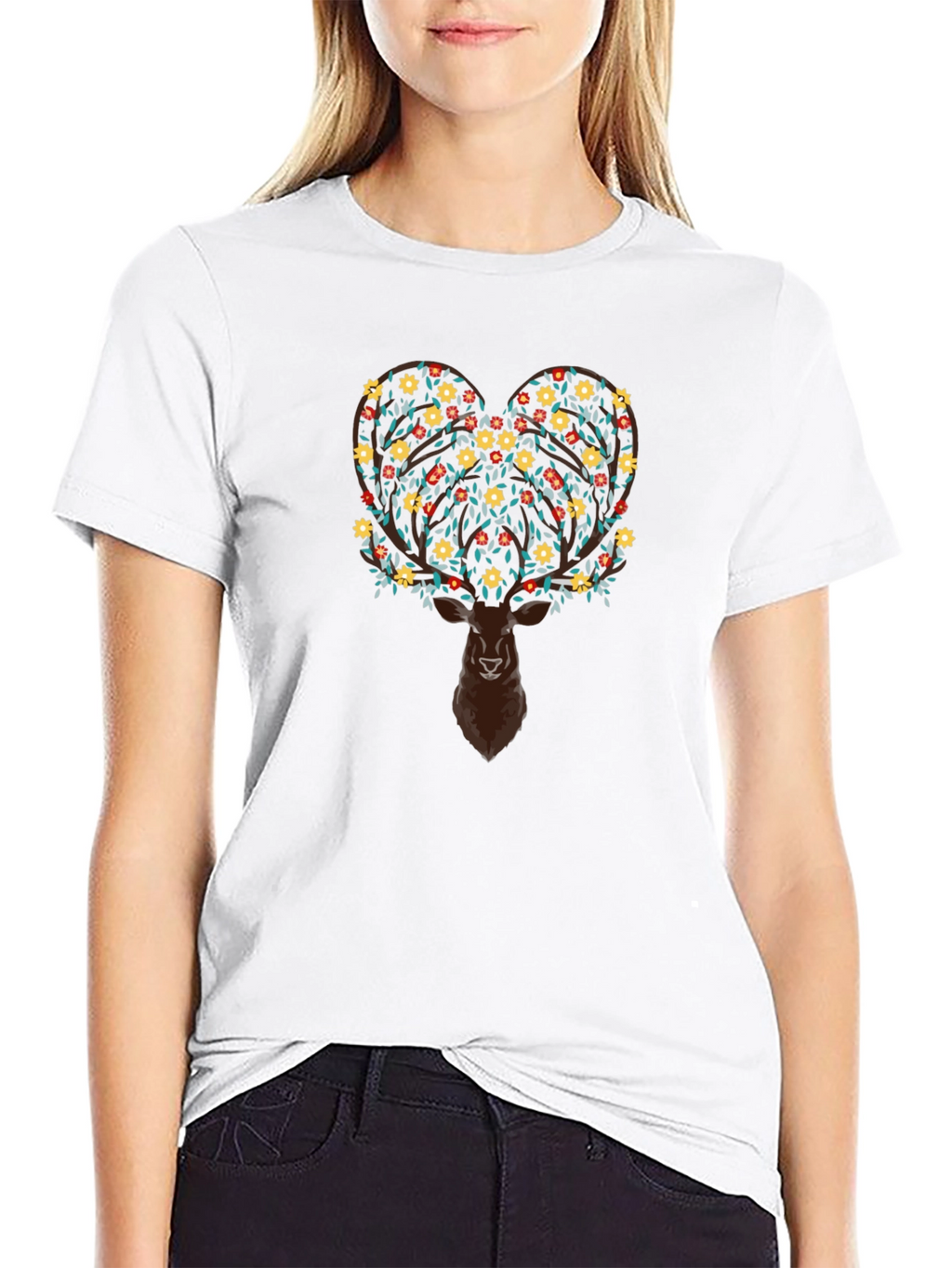 Floral Deer Graphic Tee - Black Cotton Blend