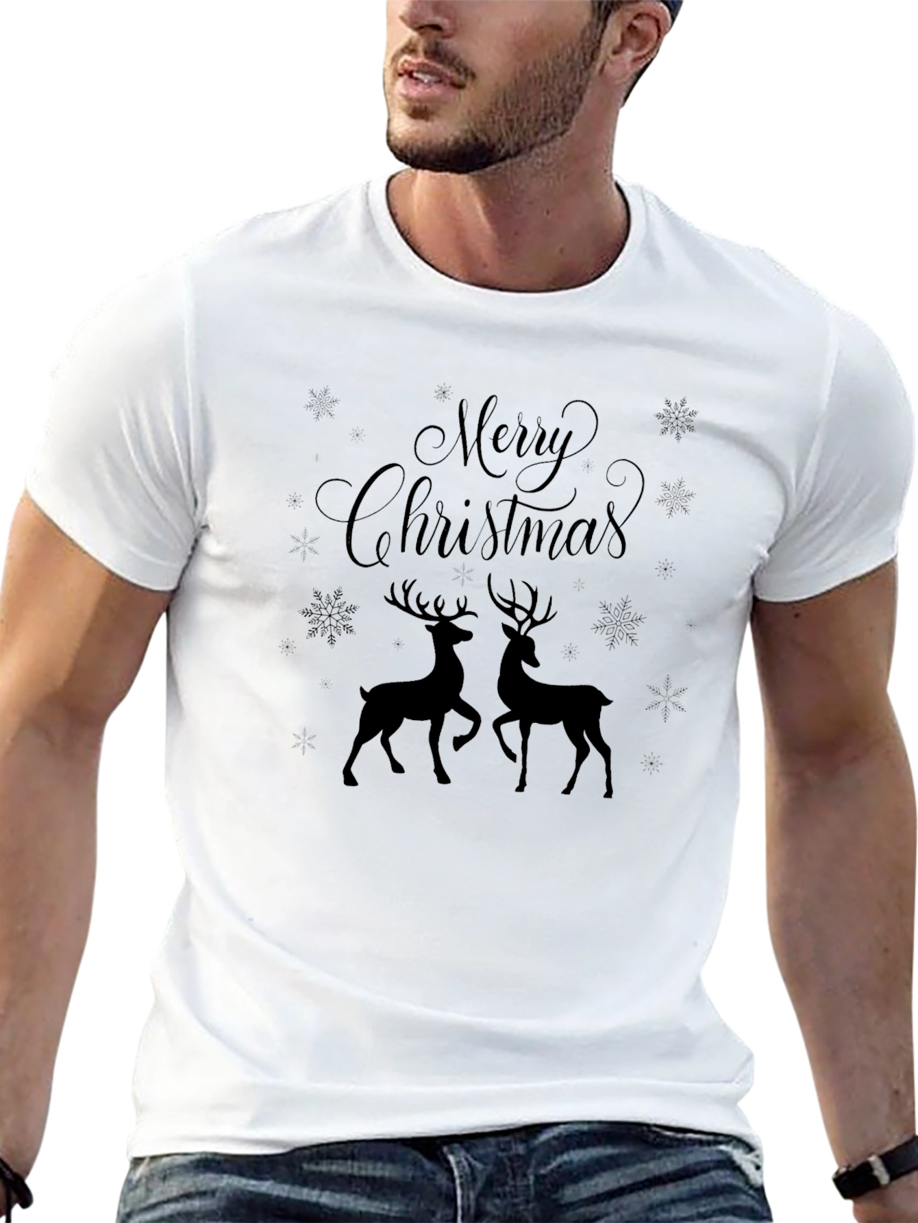 Merry Christmas Reindeer Graphic Tee - Black