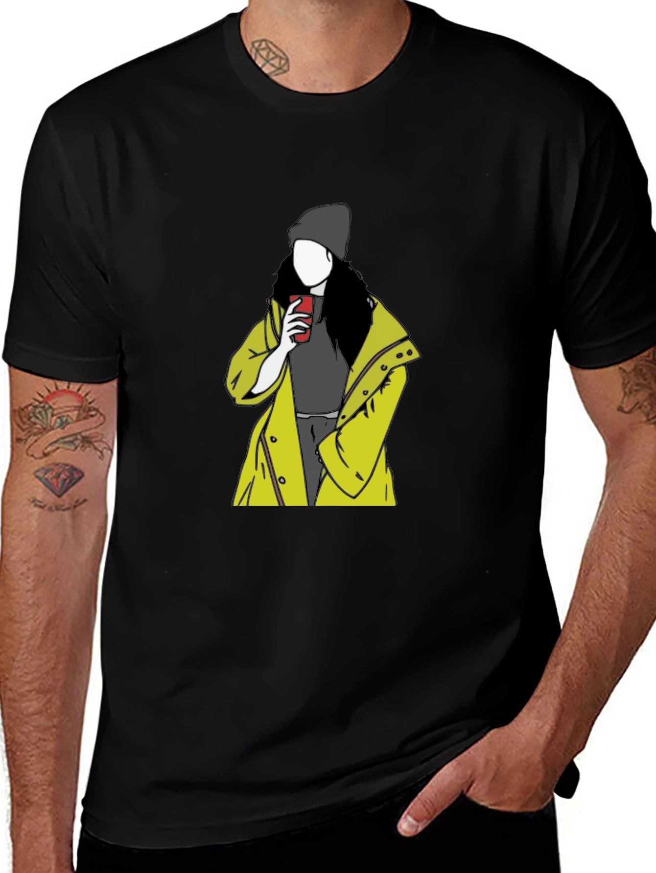 Trendy Graphic T-Shirt: Woman in Yellow Coat