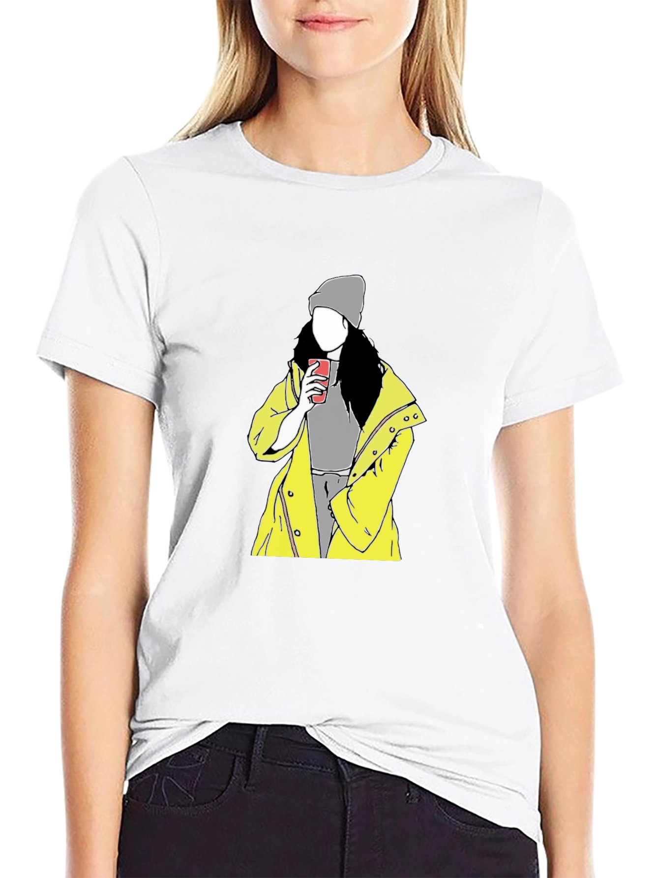Trendy Graphic T-Shirt: Woman in Yellow Coat