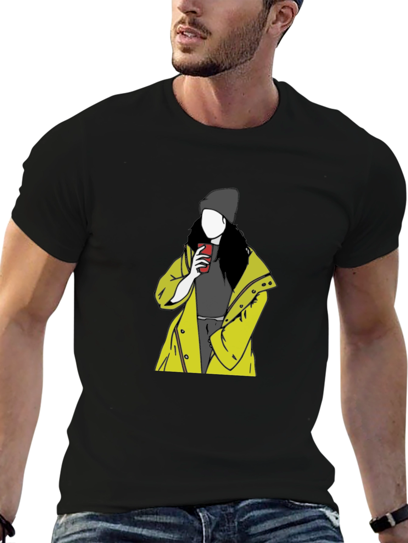 Trendy Graphic T-Shirt: Woman in Yellow Coat