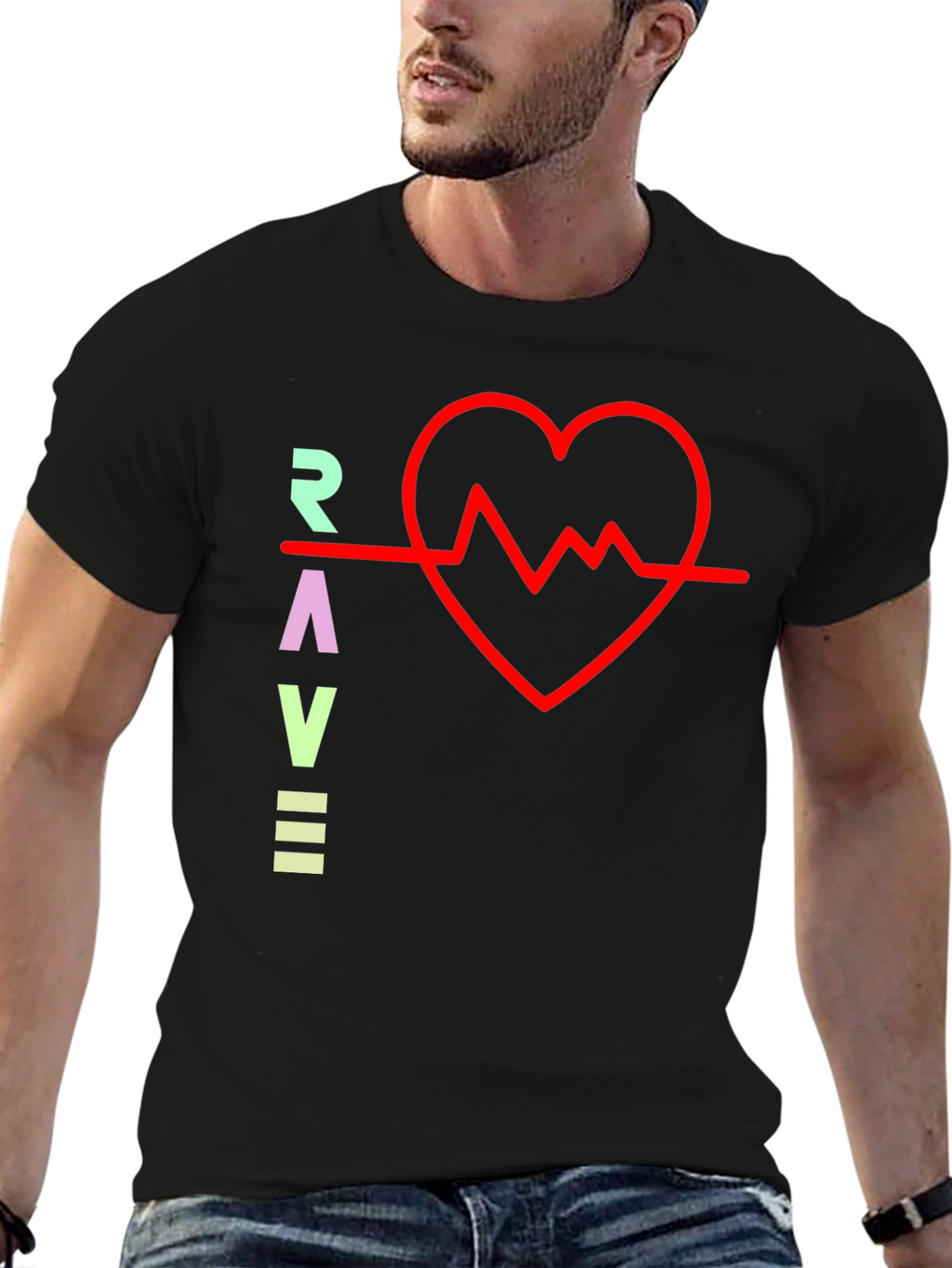 Rave Heartbeat Graphic Tee - Black Crew Neck T-Shirt