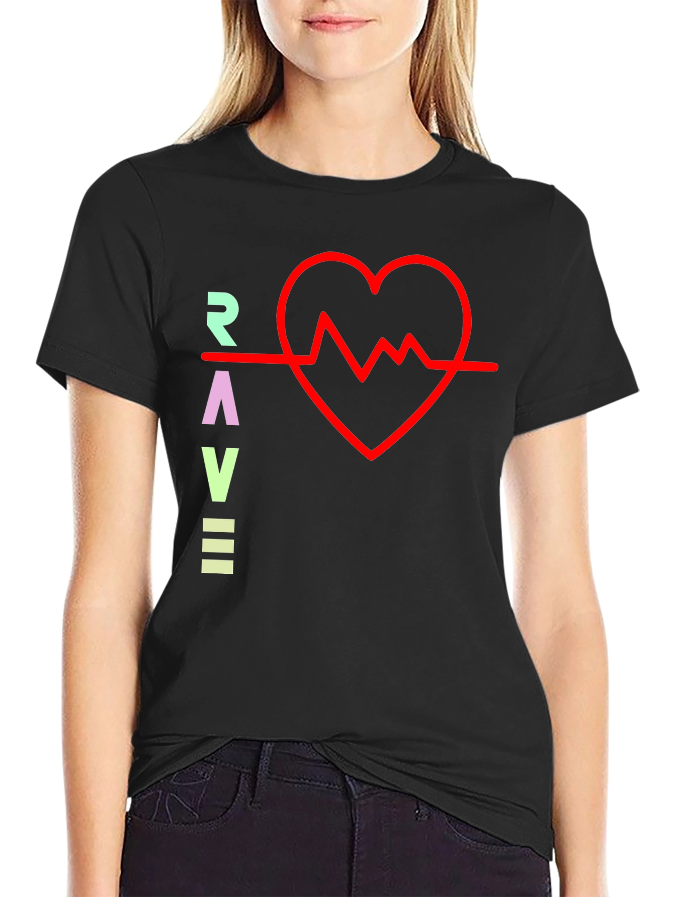 Rave Heartbeat Graphic Tee - Black Crew Neck T-Shirt
