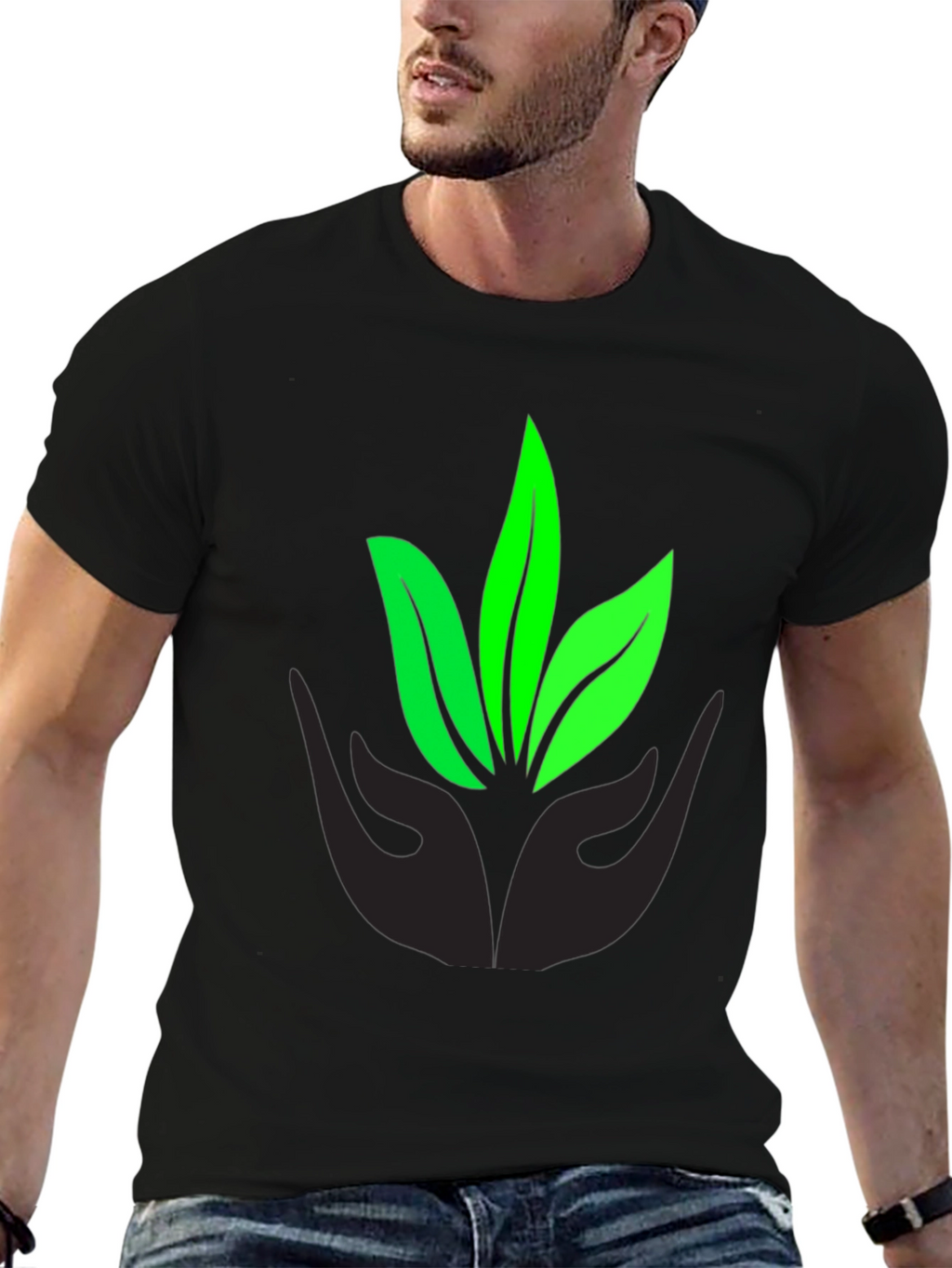 Eco-Friendly Black T-Shirt with Leaf Design