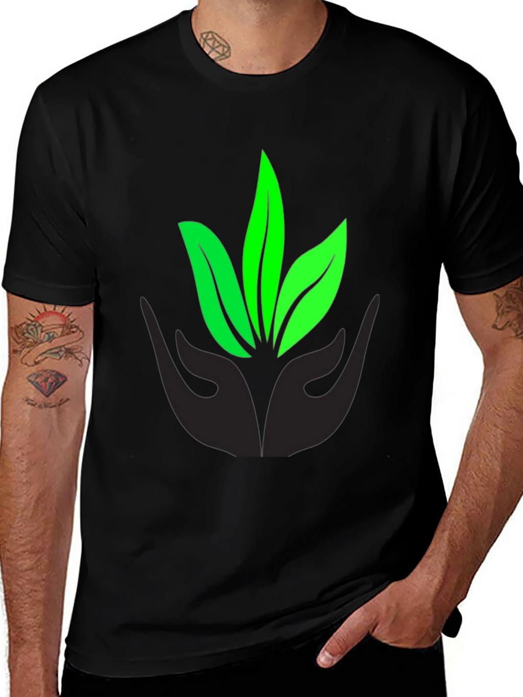 Eco-Friendly Black T-Shirt with Leaf Design