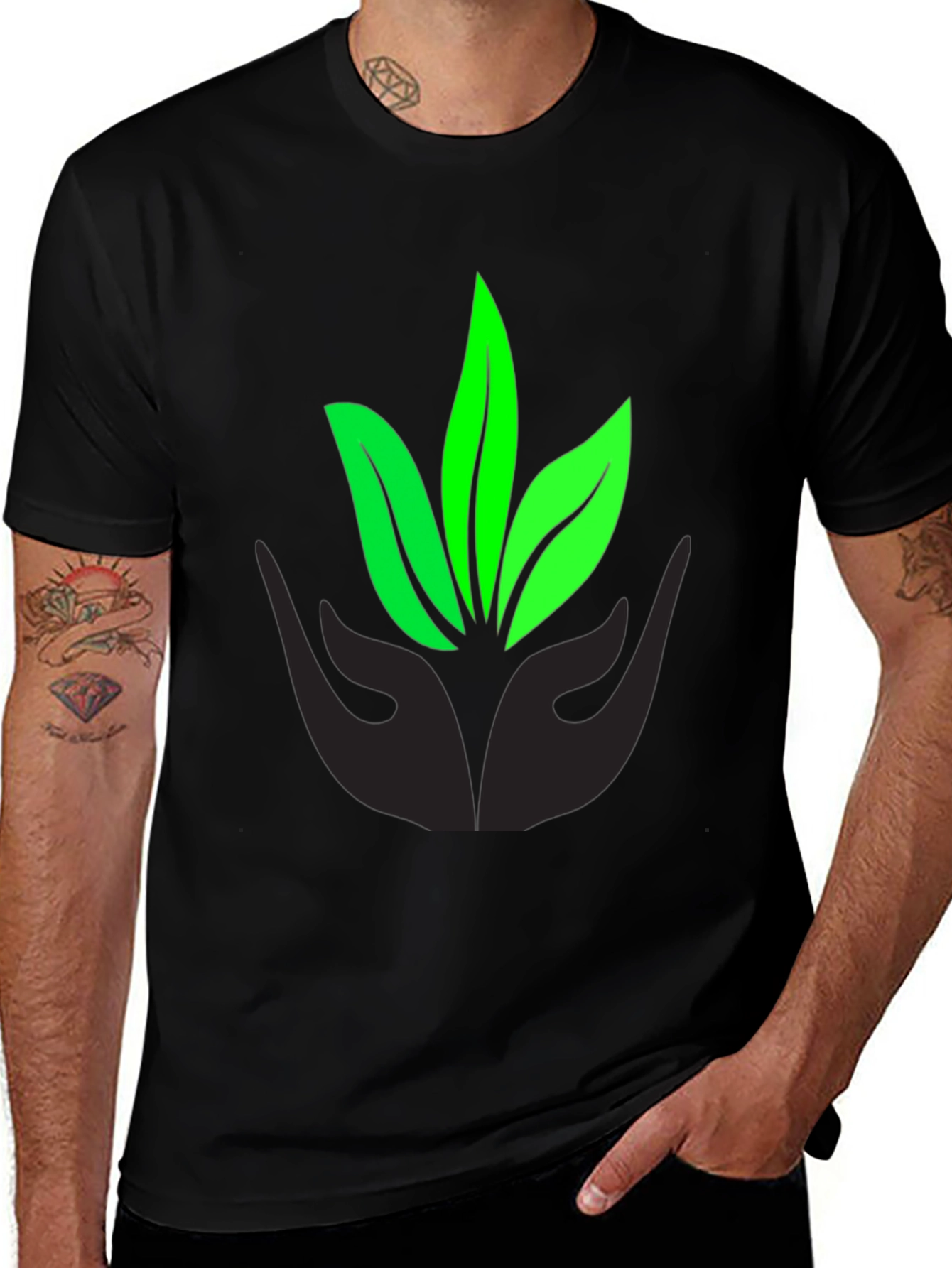 Eco-Friendly Black T-Shirt with Leaf Design
